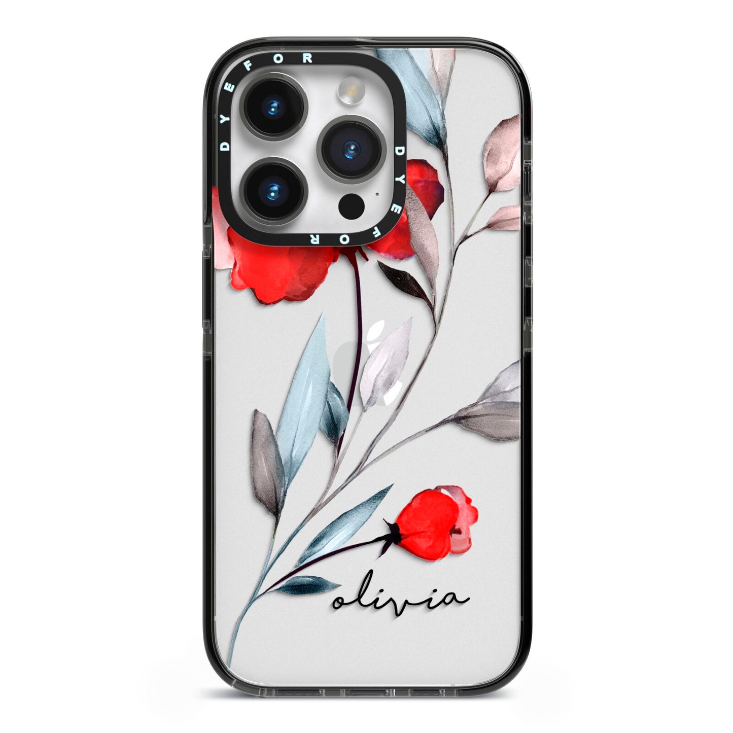 Personalised Red Roses Floral Name iPhone 14 Pro Black Impact Case on Silver phone