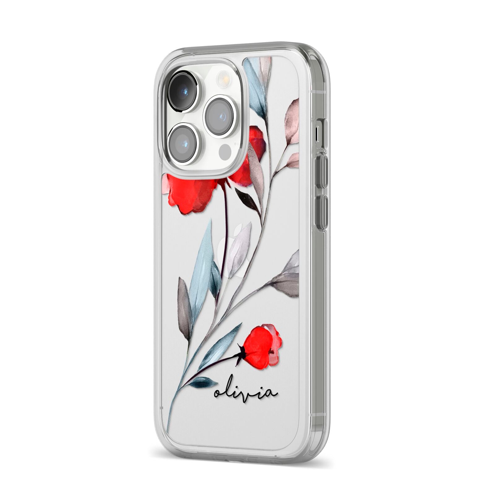 Personalised Red Roses Floral Name iPhone 14 Pro Clear Tough Case Silver Angled Image