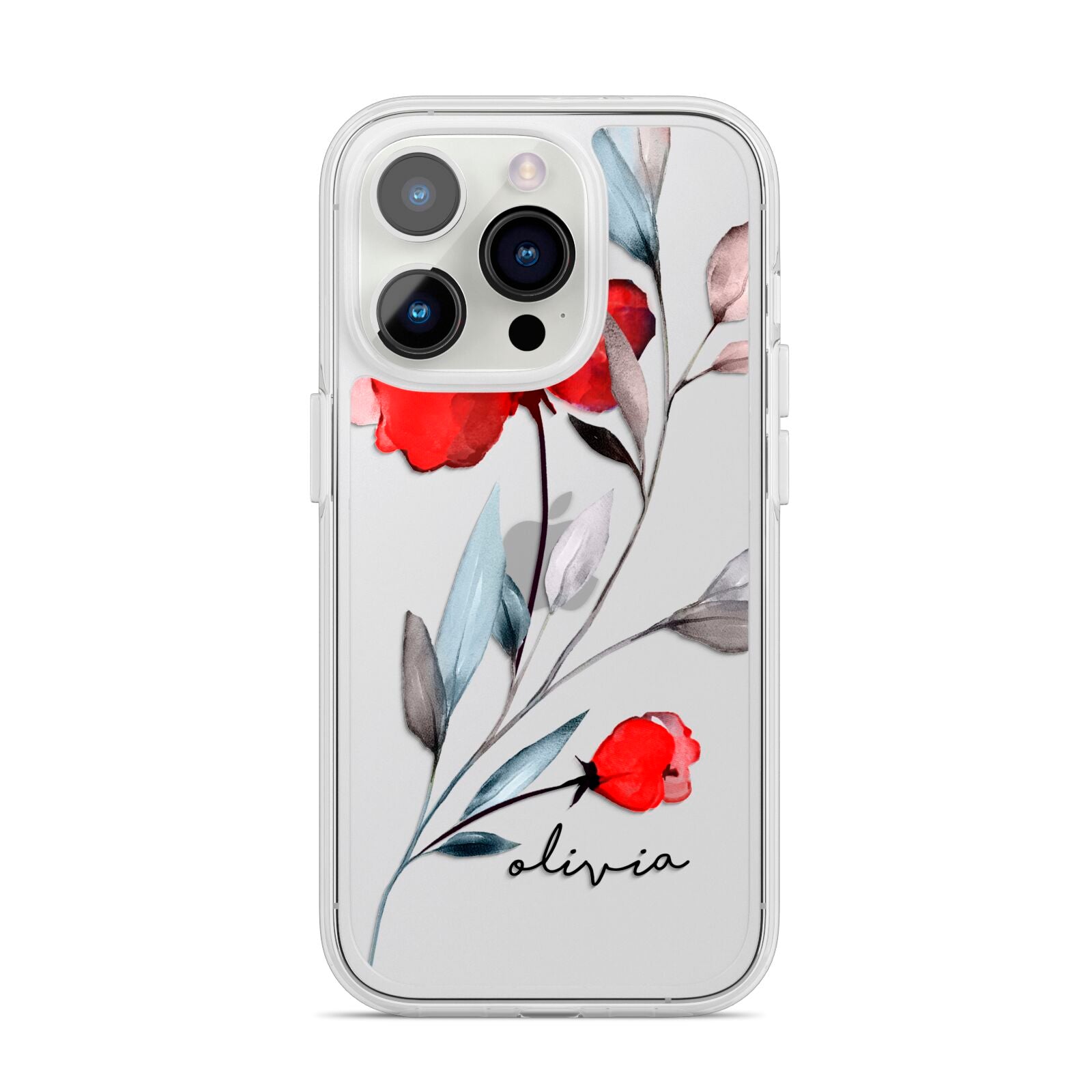 Personalised Red Roses Floral Name iPhone 14 Pro Clear Tough Case Silver