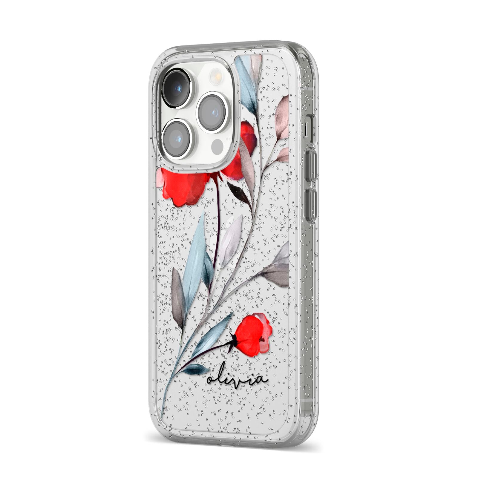 Personalised Red Roses Floral Name iPhone 14 Pro Glitter Tough Case Silver Angled Image