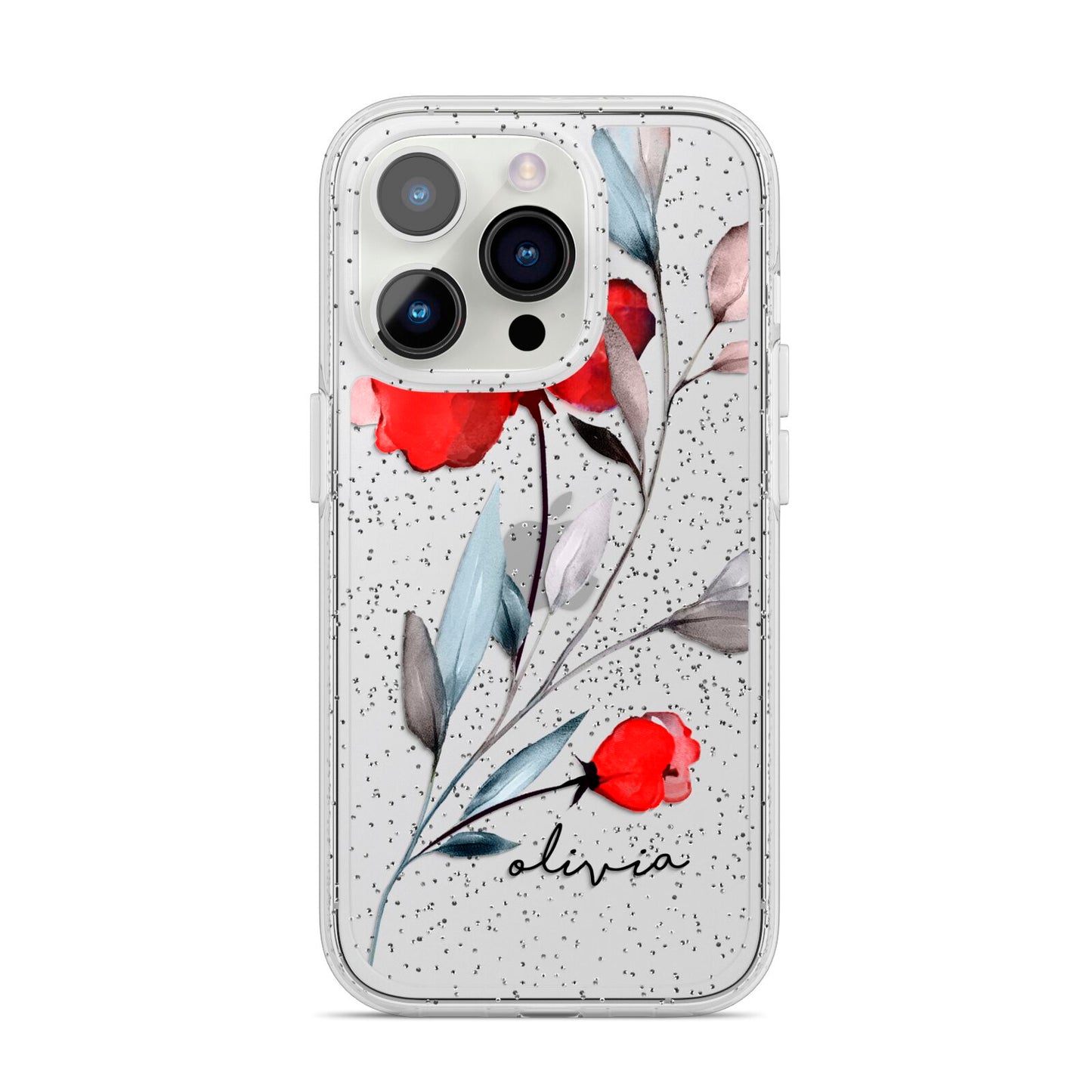 Personalised Red Roses Floral Name iPhone 14 Pro Glitter Tough Case Silver