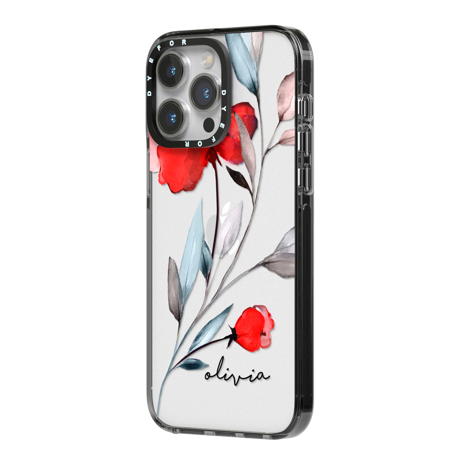 Personalised Red Roses Floral Name iPhone 14 Pro Max Black Impact Case Side Angle on Silver phone