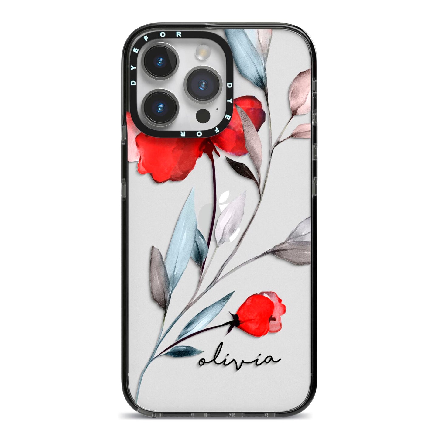 Personalised Red Roses Floral Name iPhone 14 Pro Max Black Impact Case on Silver phone