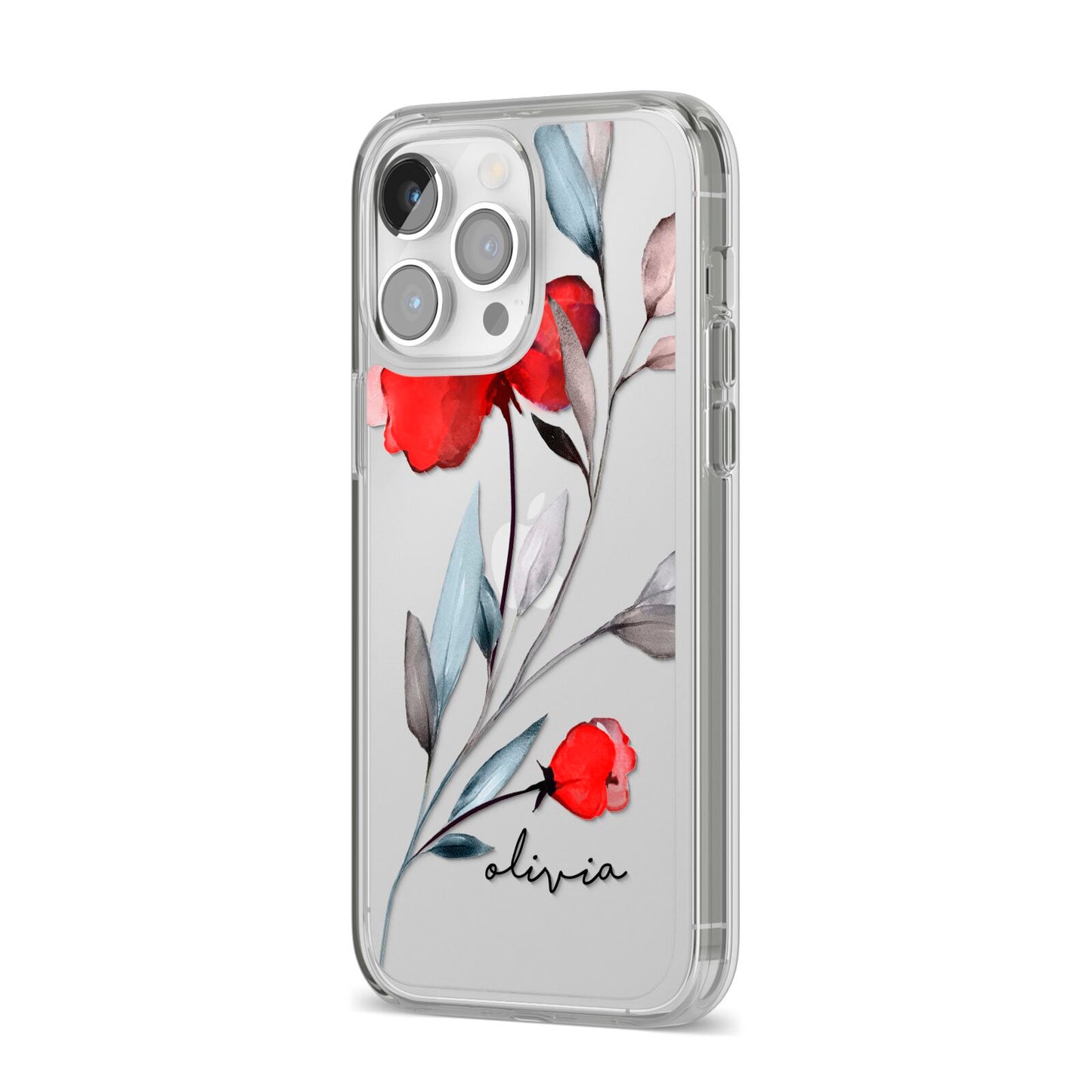 Personalised Red Roses Floral Name iPhone 14 Pro Max Clear Tough Case Silver Angled Image