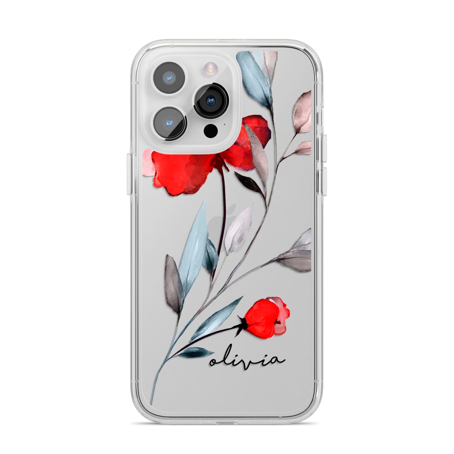 Personalised Red Roses Floral Name iPhone 14 Pro Max Clear Tough Case Silver
