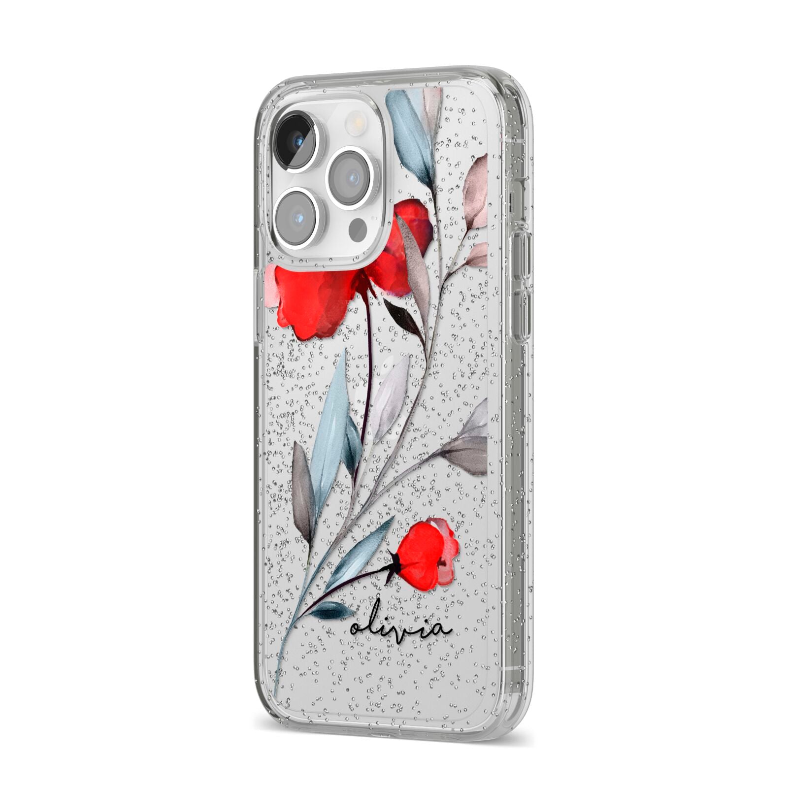 Personalised Red Roses Floral Name iPhone 14 Pro Max Glitter Tough Case Silver Angled Image