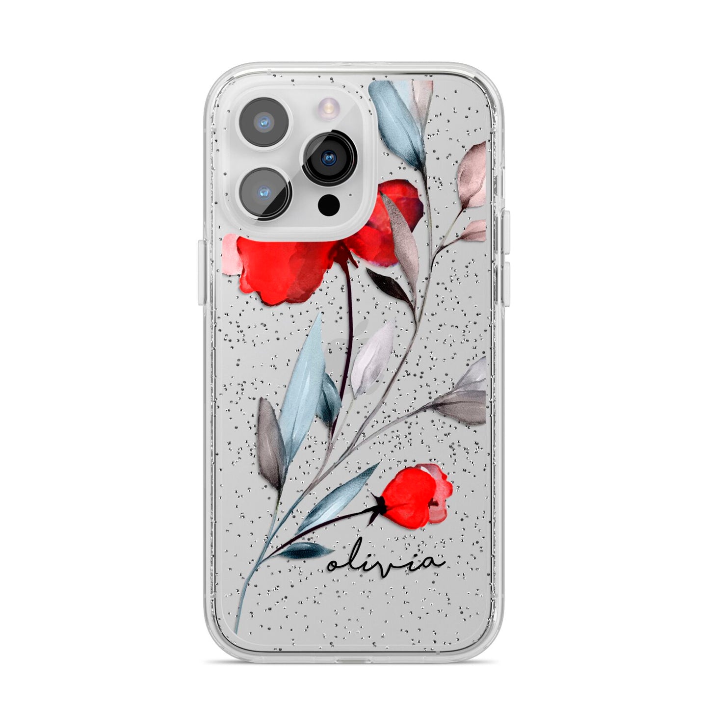 Personalised Red Roses Floral Name iPhone 14 Pro Max Glitter Tough Case Silver