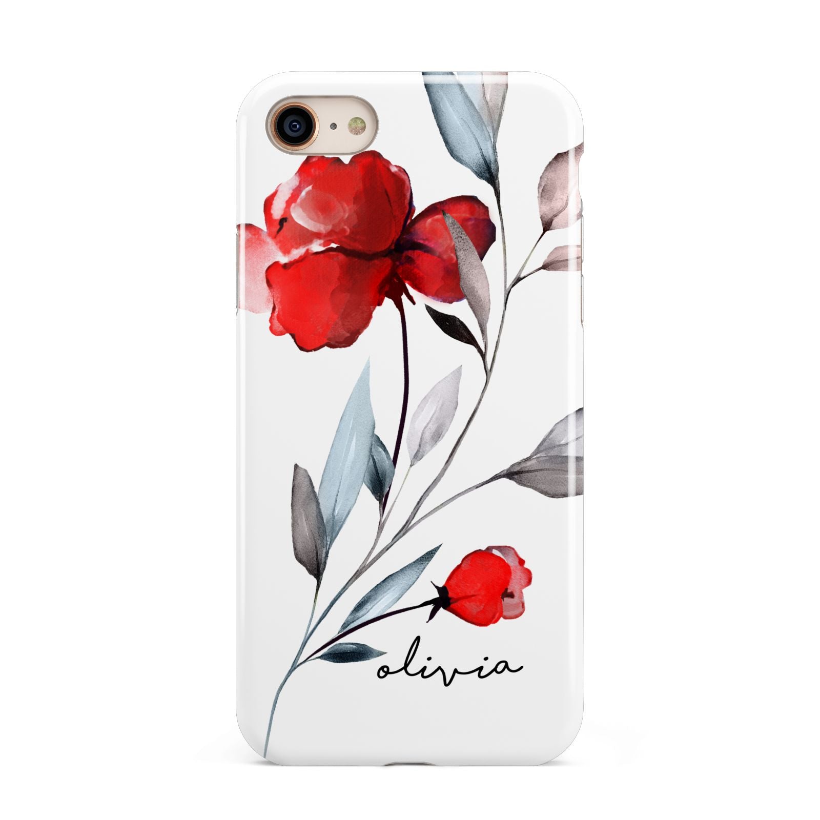Personalised Red Roses Floral Name iPhone 8 3D Tough Case on Gold Phone