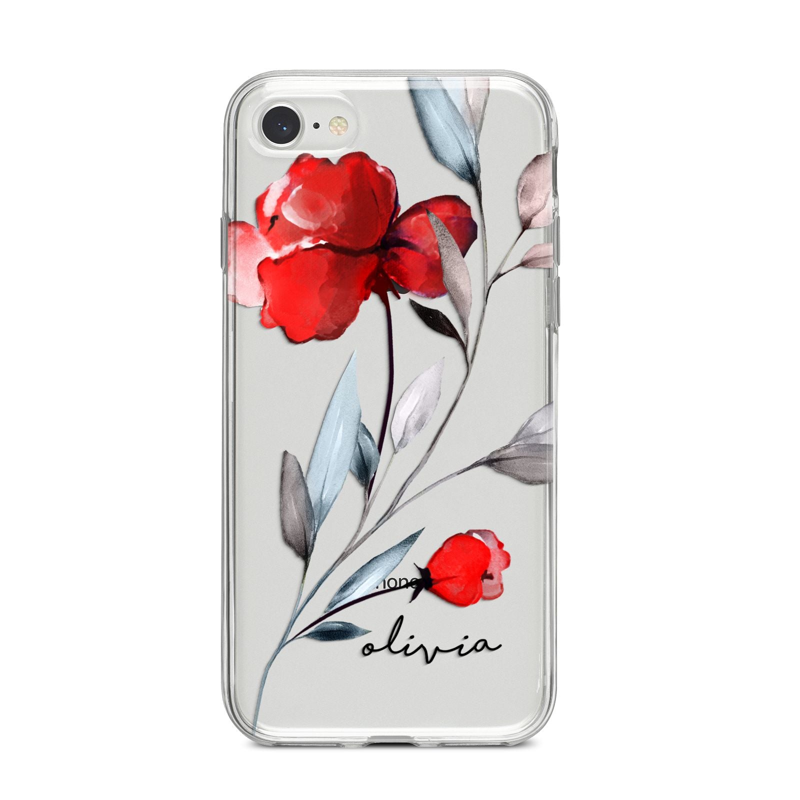 Personalised Red Roses Floral Name iPhone 8 Bumper Case on Silver iPhone