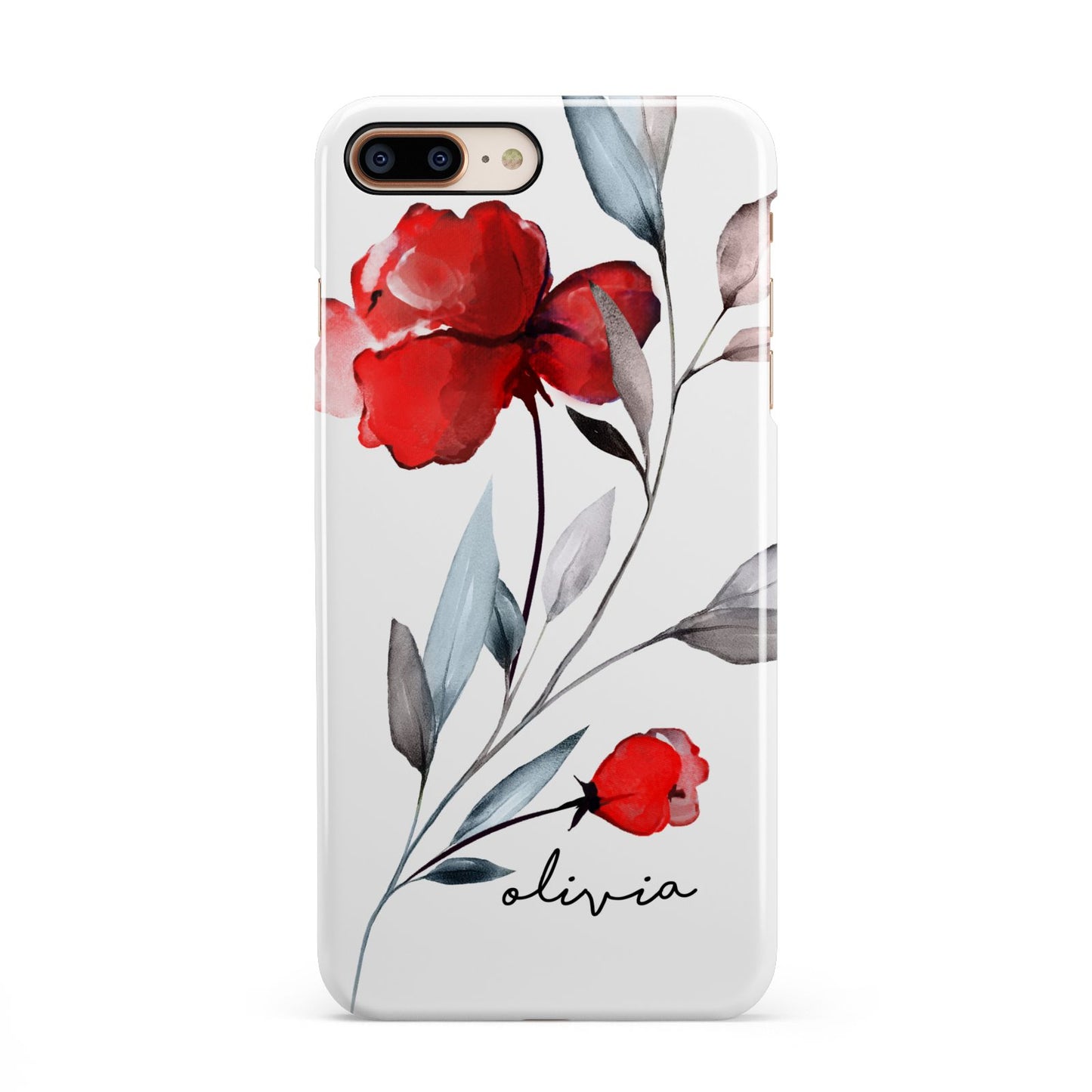 Personalised Red Roses Floral Name iPhone 8 Plus 3D Snap Case on Gold Phone
