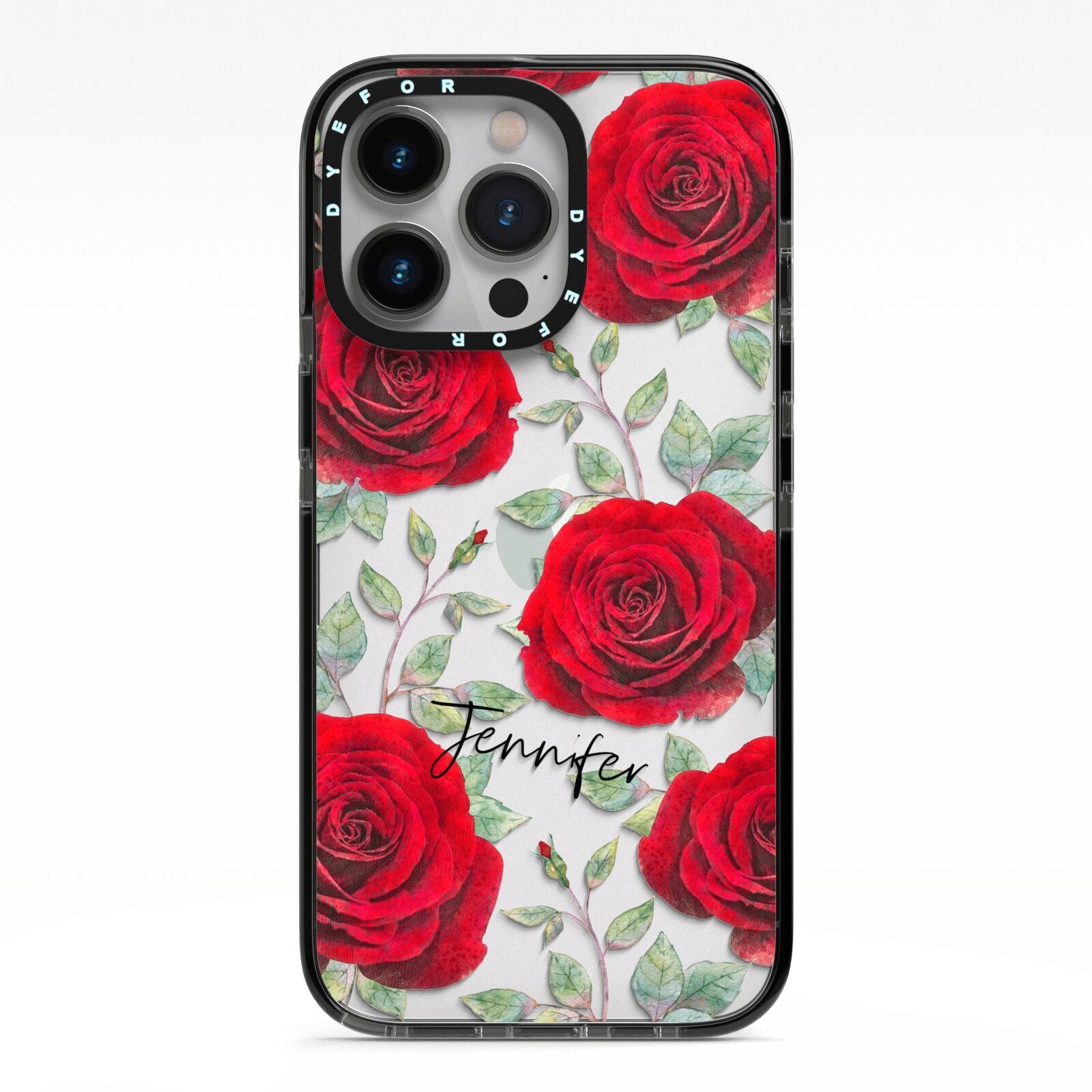 Personalised Red Roses iPhone 13 Pro Black Impact Case on Silver phone