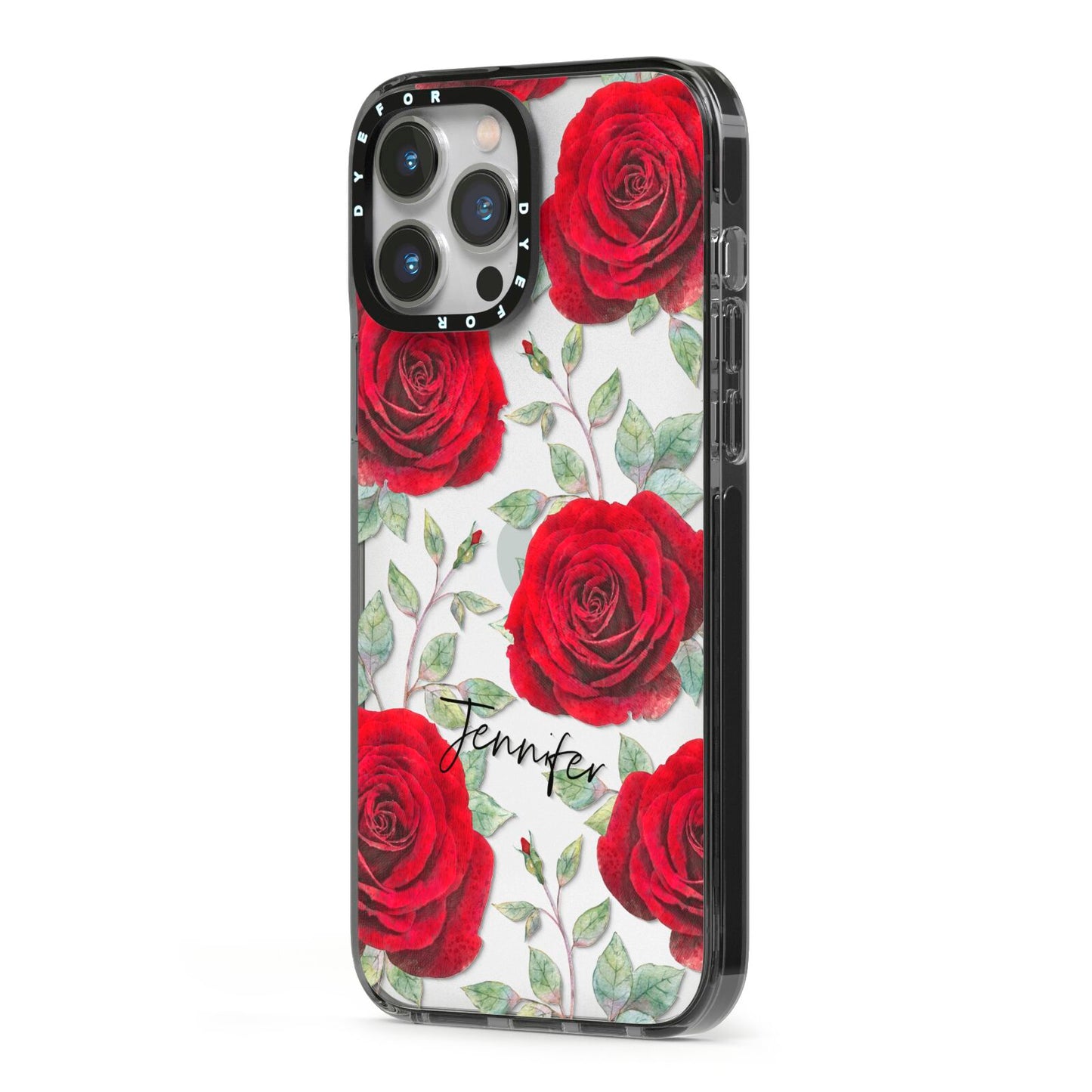Personalised Red Roses iPhone 13 Pro Max Black Impact Case Side Angle on Silver phone