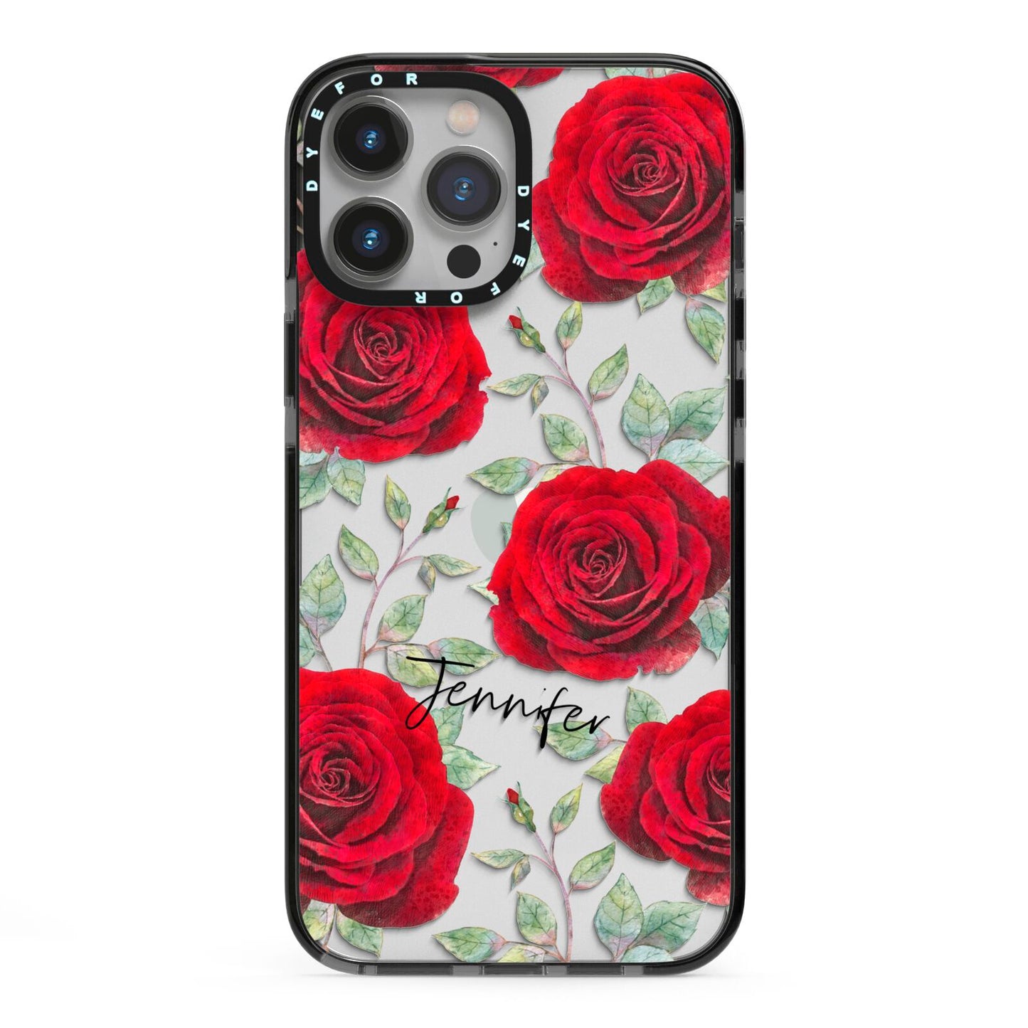 Personalised Red Roses iPhone 13 Pro Max Black Impact Case on Silver phone