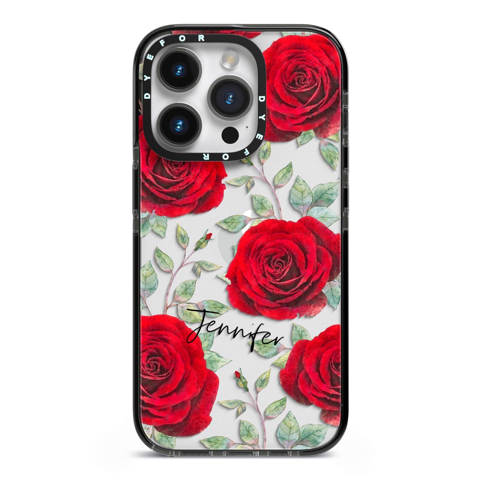 Personalised Red Roses iPhone 14 Pro Black Impact Case on Silver phone
