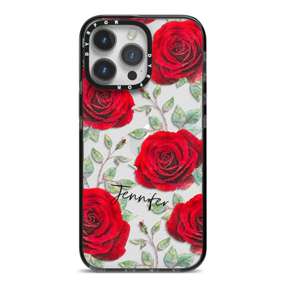 Personalised Red Roses iPhone 14 Pro Max Black Impact Case on Silver phone