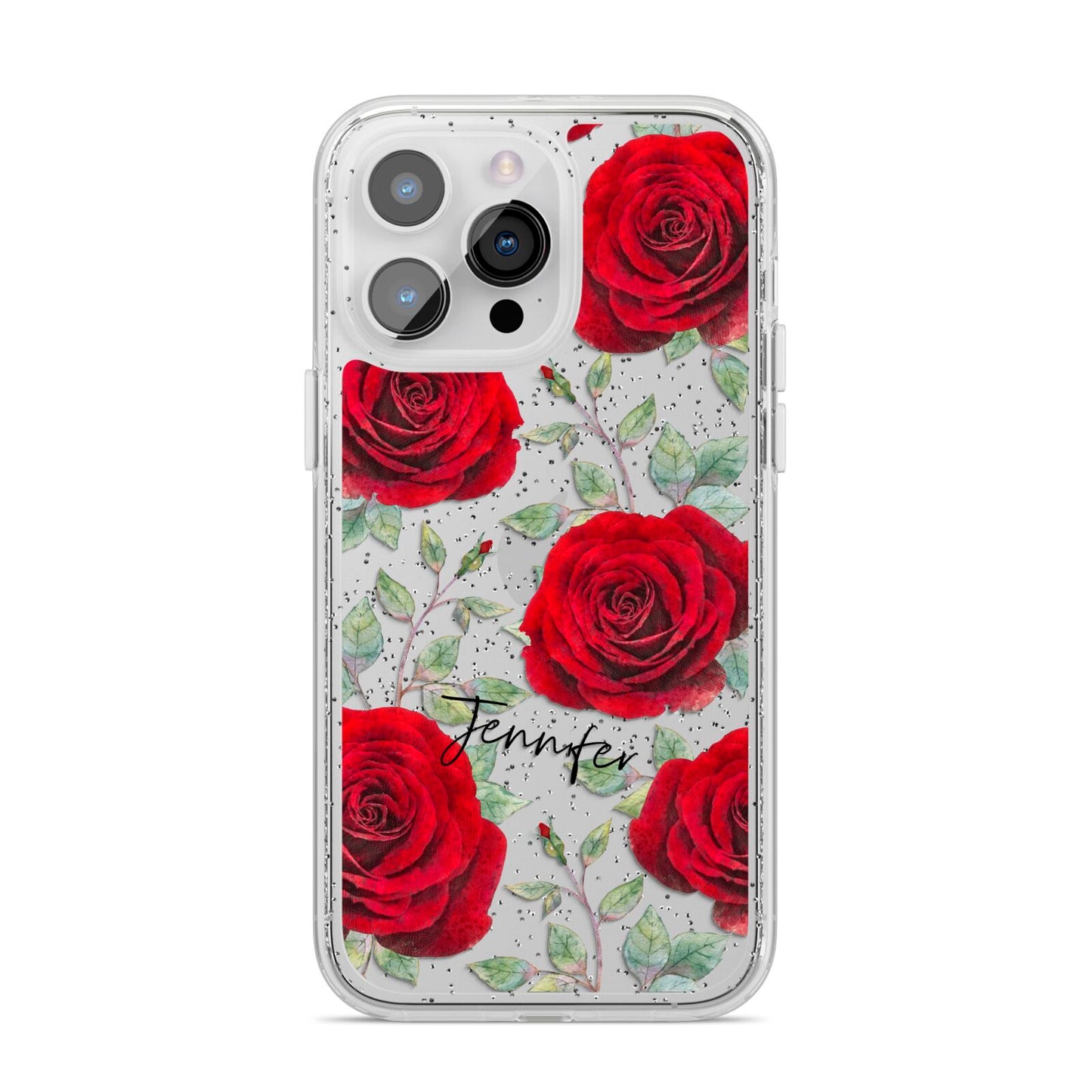 Personalised Red Roses iPhone 14 Pro Max Glitter Tough Case Silver