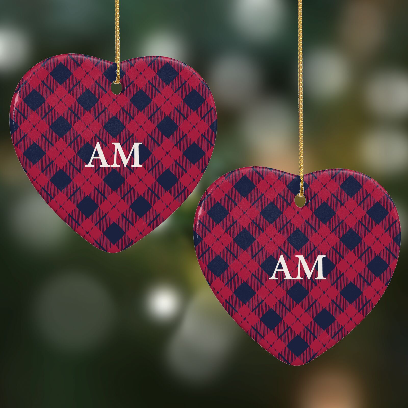 Personalised Red Tartan Heart Decoration on Christmas Background