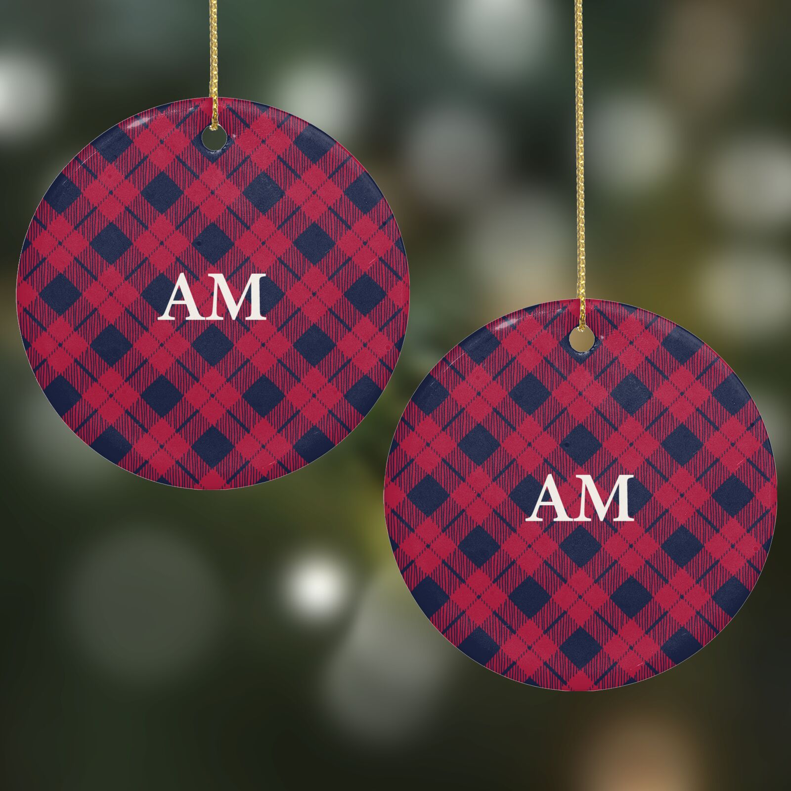 Personalised Red Tartan Round Decoration on Christmas Background