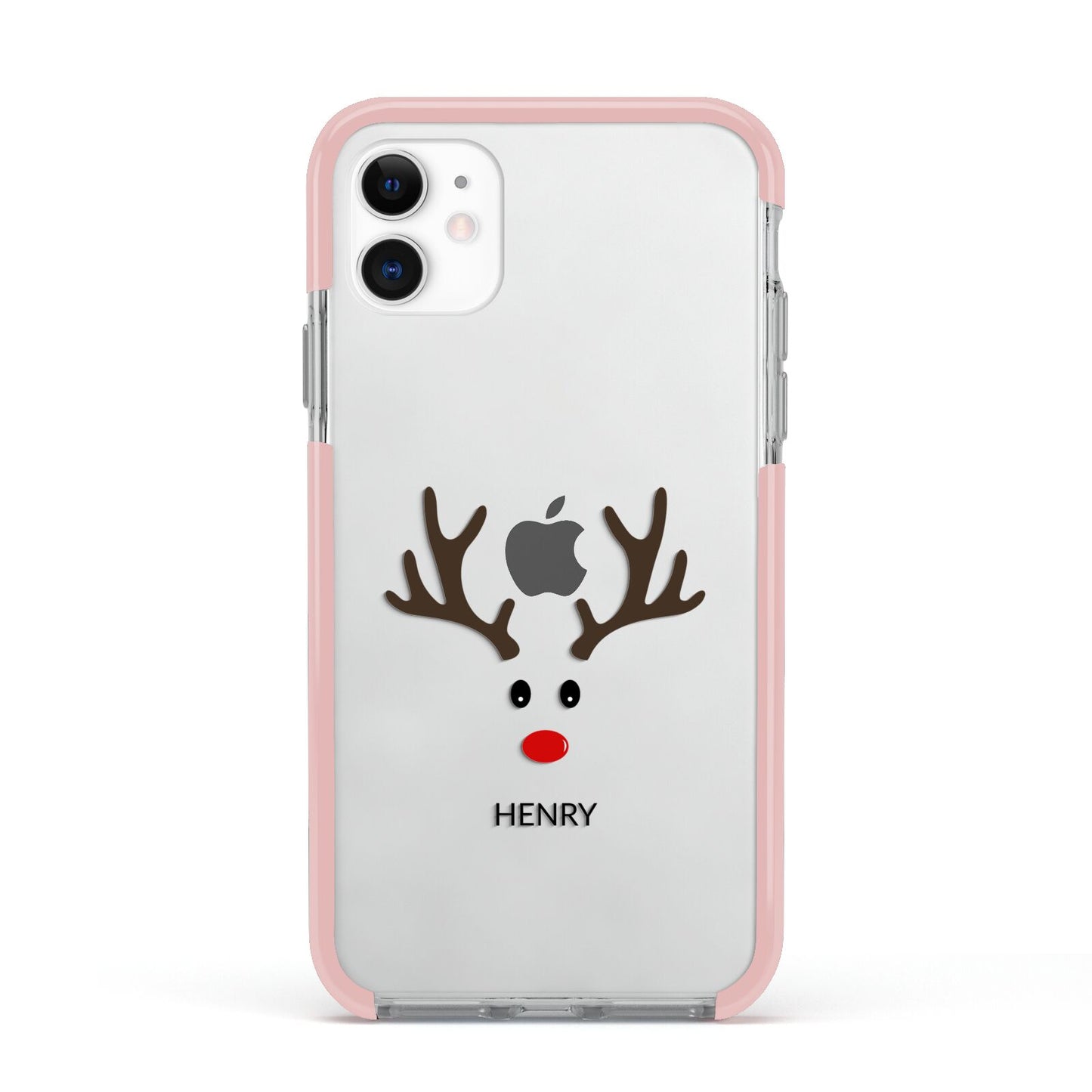 Personalised Reindeer Face Apple iPhone 11 in White with Pink Impact Case