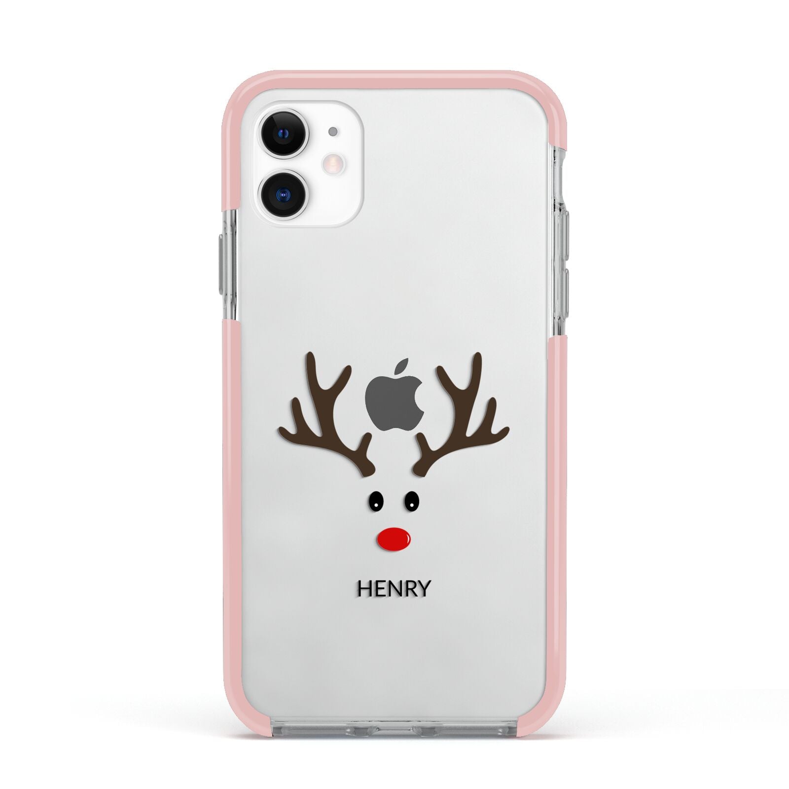 Personalised Reindeer Face Apple iPhone 11 in White with Pink Impact Case