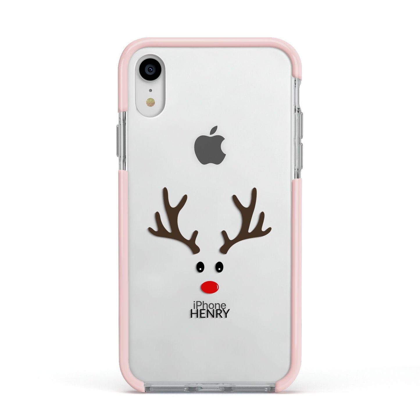 Personalised Reindeer Face Apple iPhone XR Impact Case Pink Edge on Silver Phone