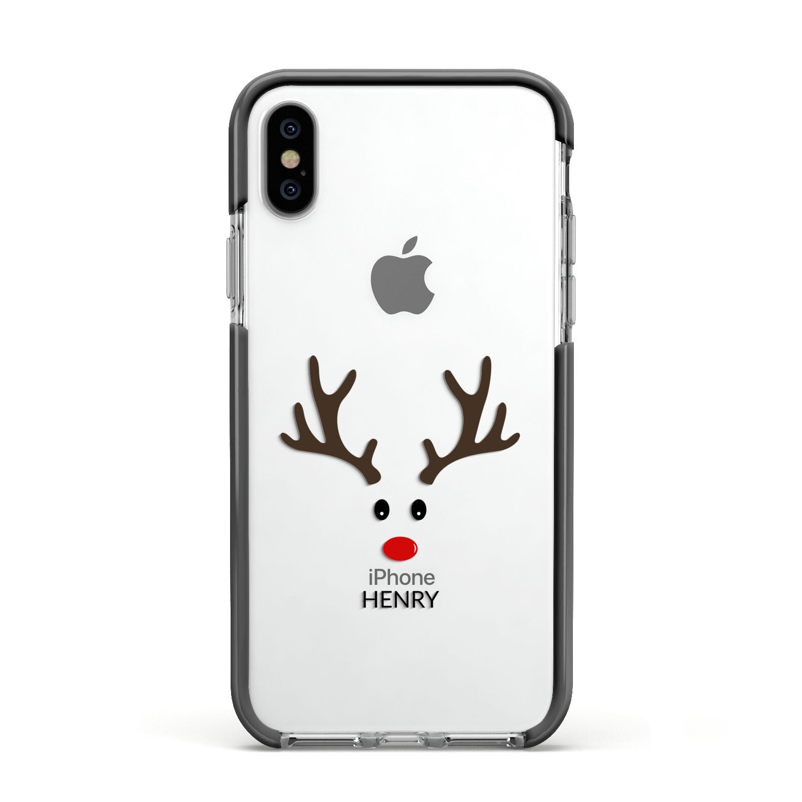 Personalised Reindeer Face Apple iPhone Xs Impact Case Black Edge on Silver Phone