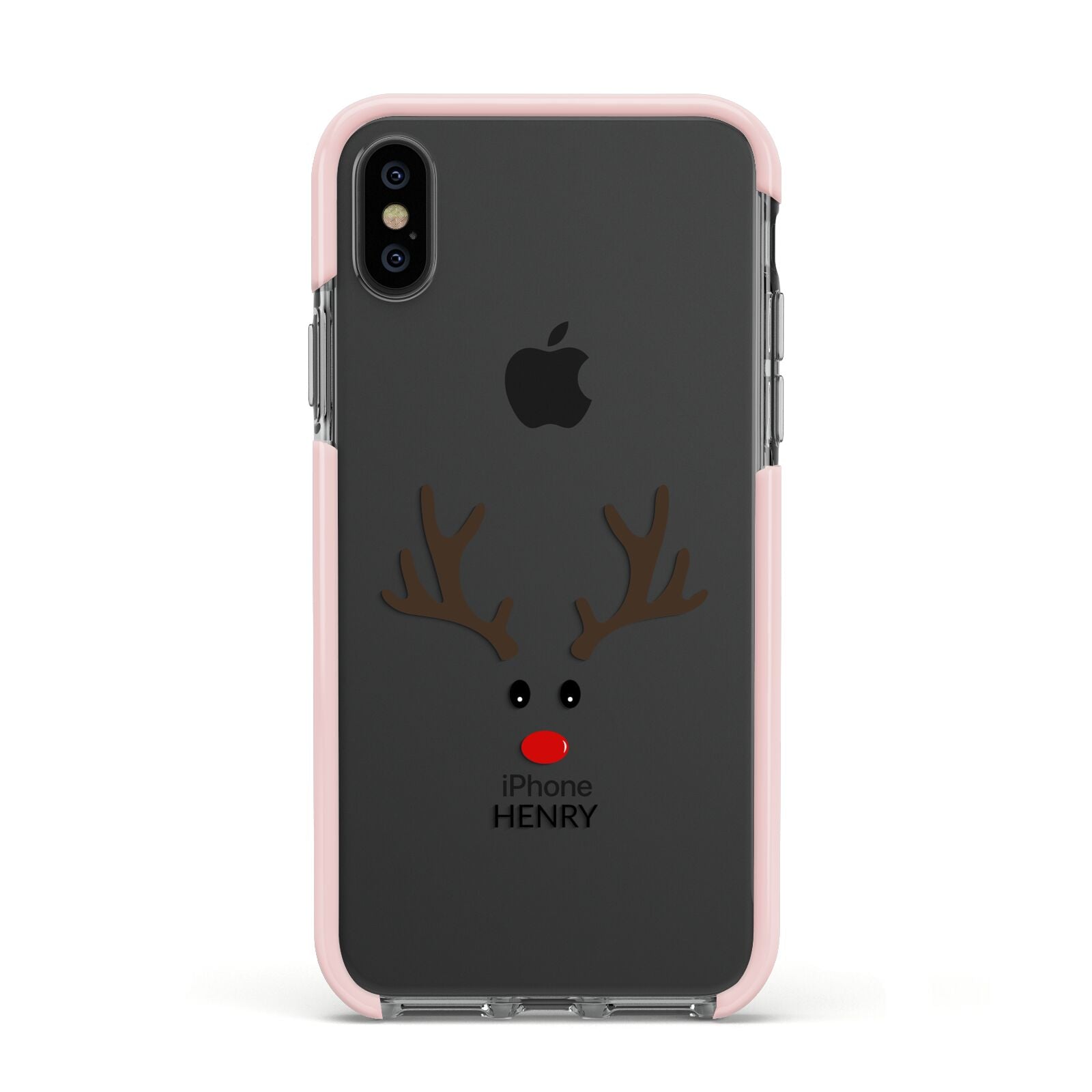 Personalised Reindeer Face Apple iPhone Xs Impact Case Pink Edge on Black Phone