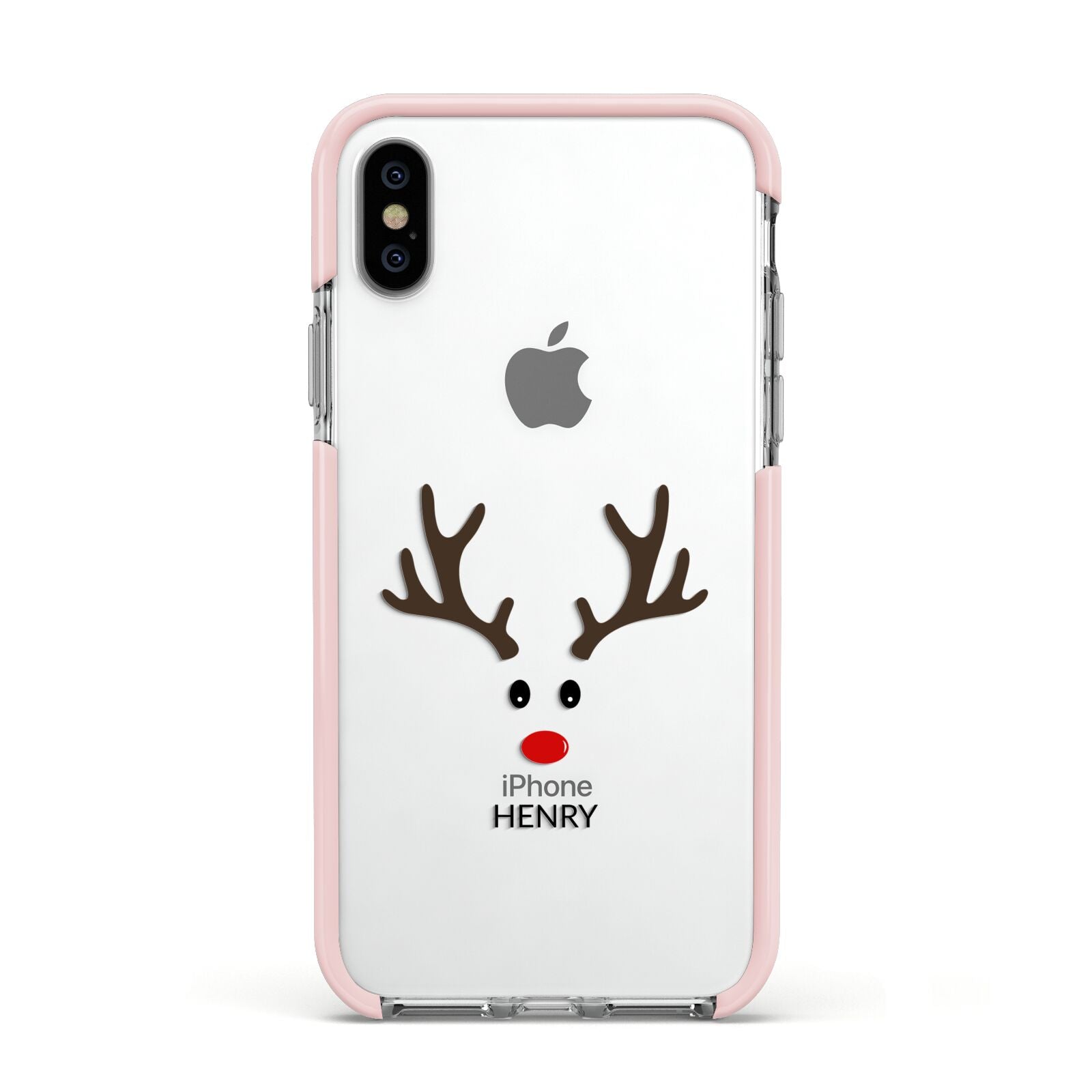 Personalised Reindeer Face Apple iPhone Xs Impact Case Pink Edge on Silver Phone