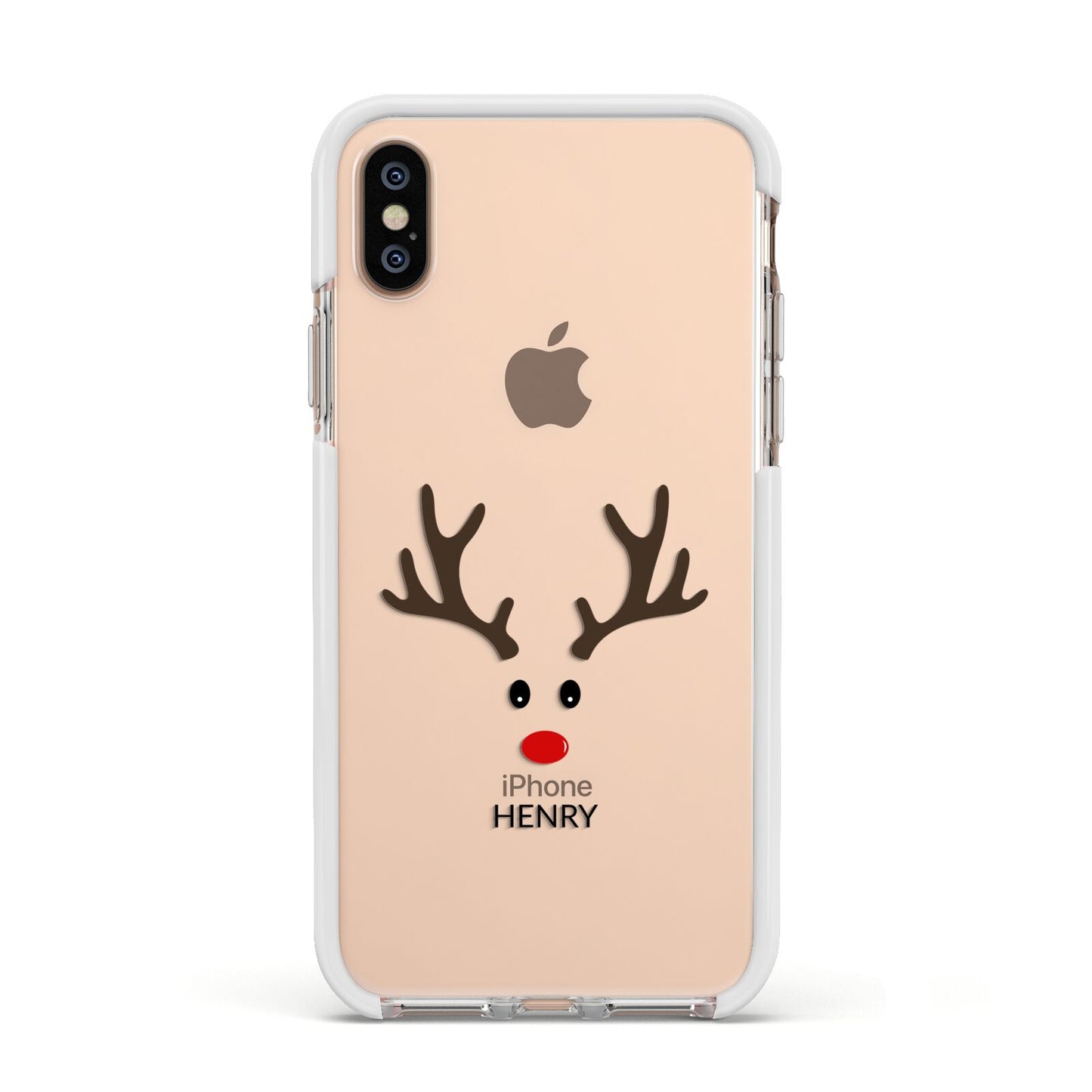Personalised Reindeer Face Apple iPhone Xs Impact Case White Edge on Gold Phone