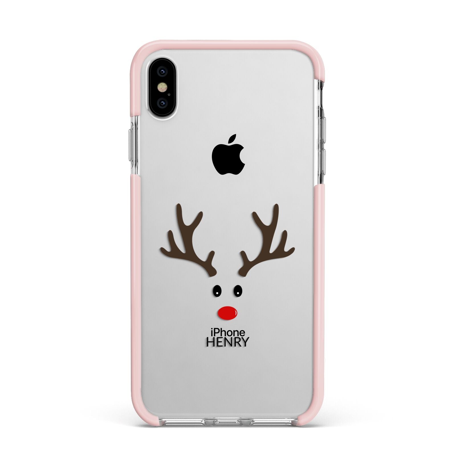 Personalised Reindeer Face Apple iPhone Xs Max Impact Case Pink Edge on Silver Phone