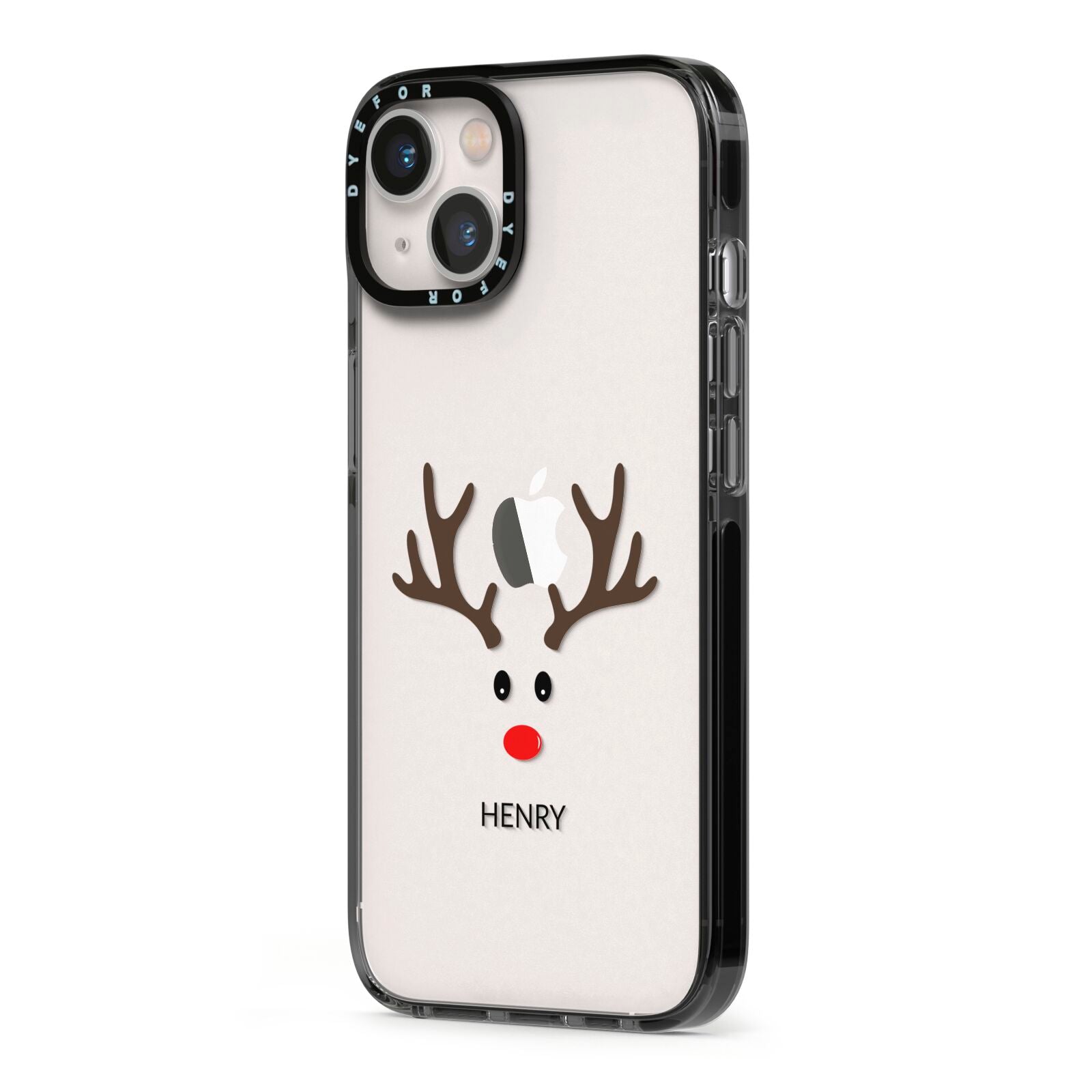 Personalised Reindeer Face iPhone 13 Black Impact Case Side Angle on Silver phone