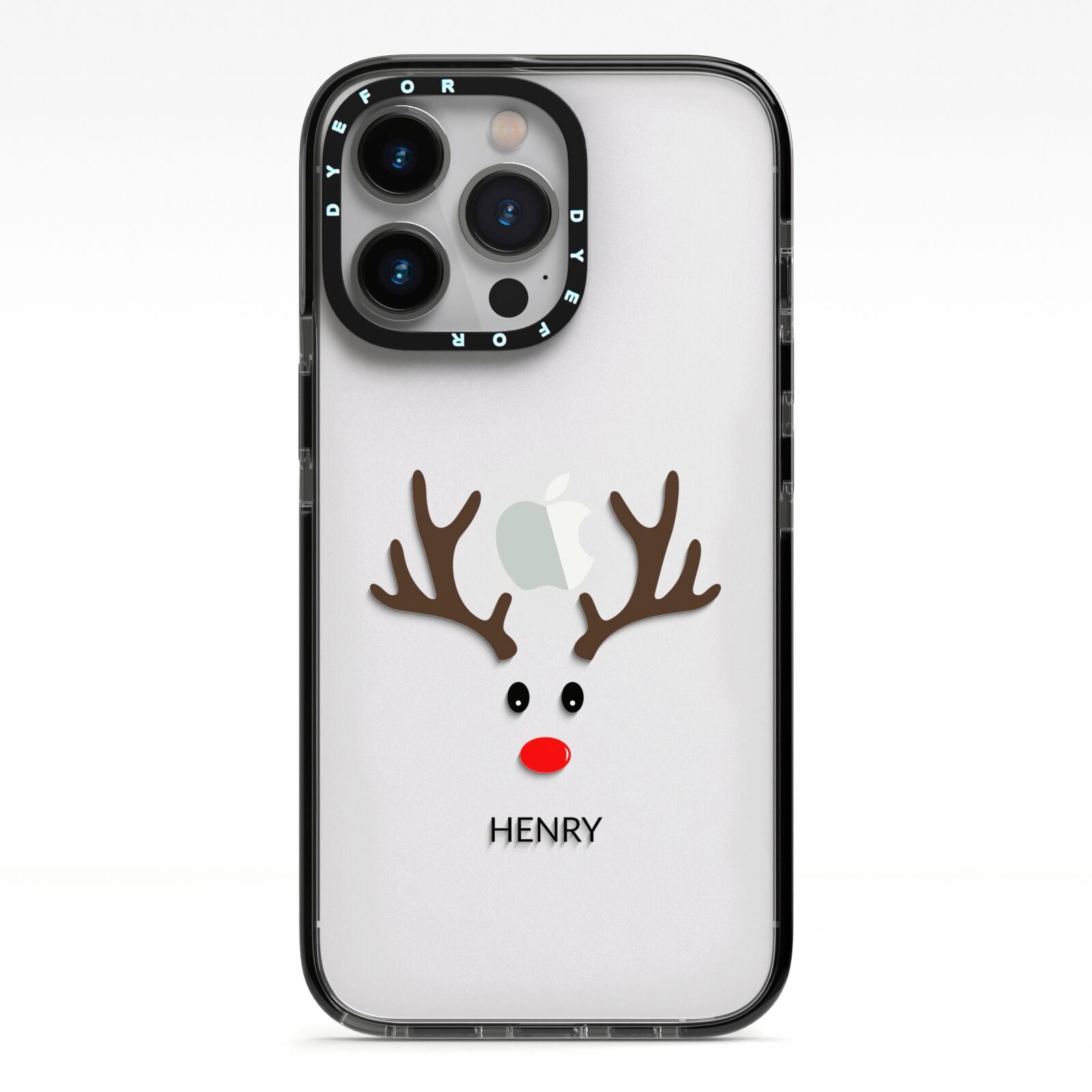 Personalised Reindeer Face iPhone 13 Pro Black Impact Case on Silver phone