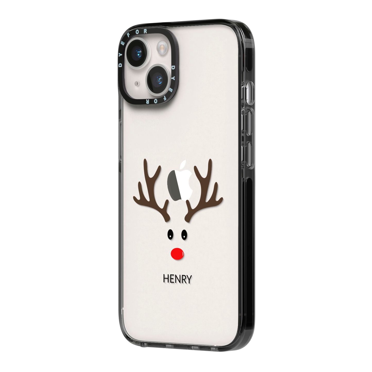 Personalised Reindeer Face iPhone 14 Black Impact Case Side Angle on Silver phone