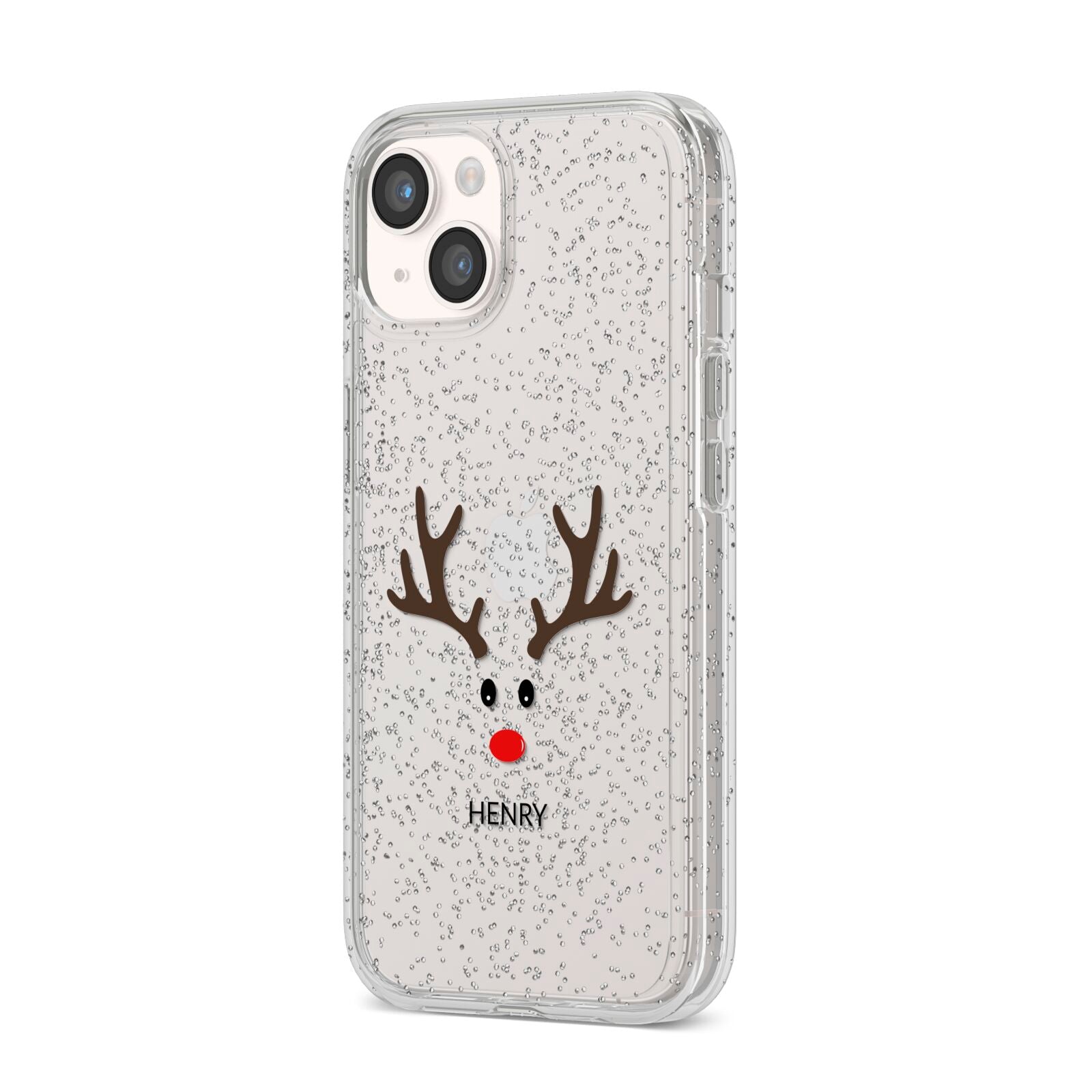 Personalised Reindeer Face iPhone 14 Glitter Tough Case Starlight Angled Image