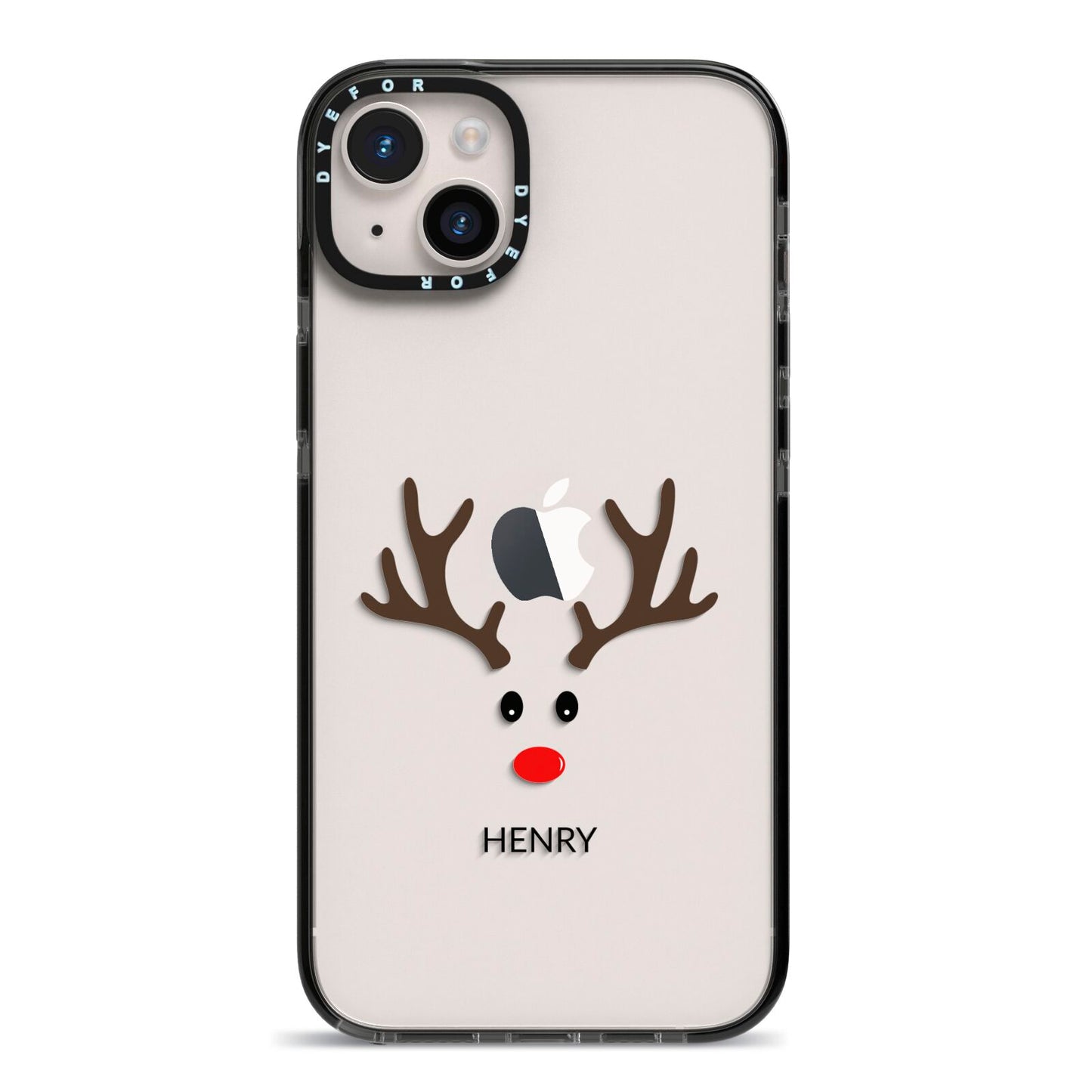 Personalised Reindeer Face iPhone 14 Plus Black Impact Case on Silver phone