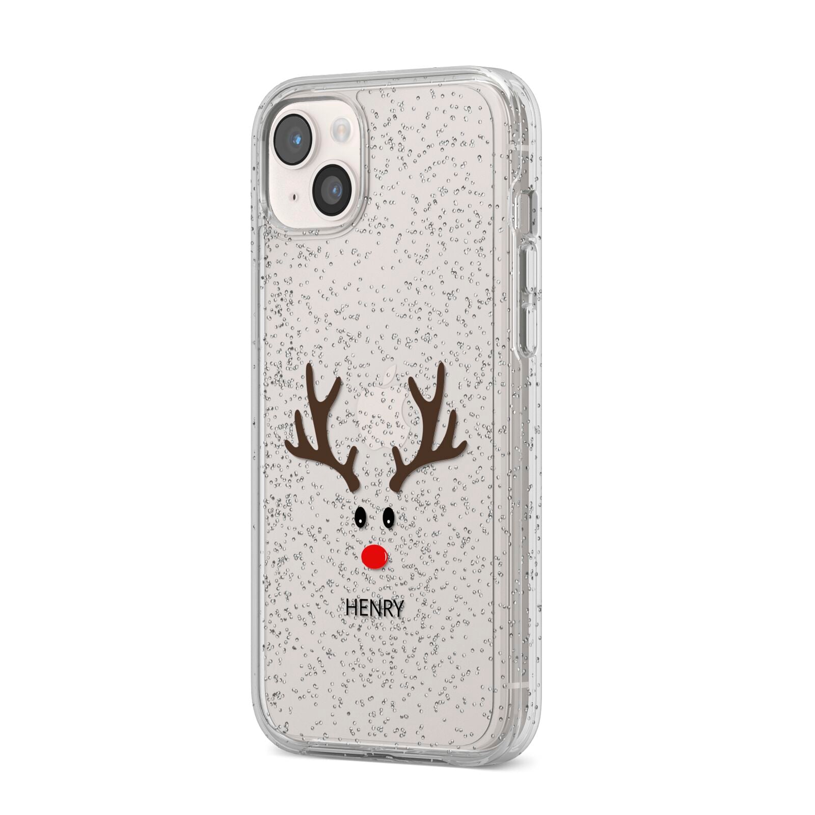 Personalised Reindeer Face iPhone 14 Plus Glitter Tough Case Starlight Angled Image