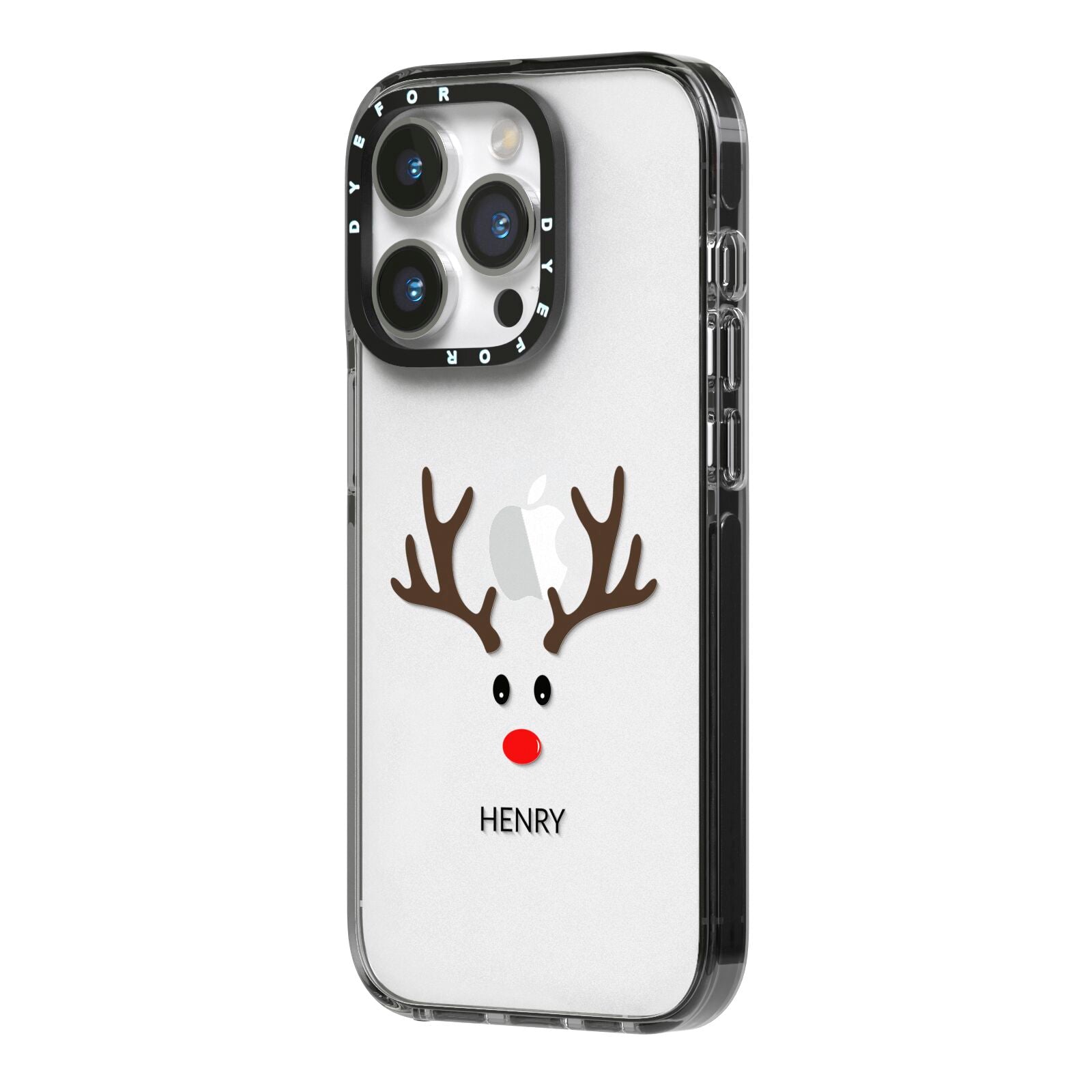 Personalised Reindeer Face iPhone 14 Pro Black Impact Case Side Angle on Silver phone