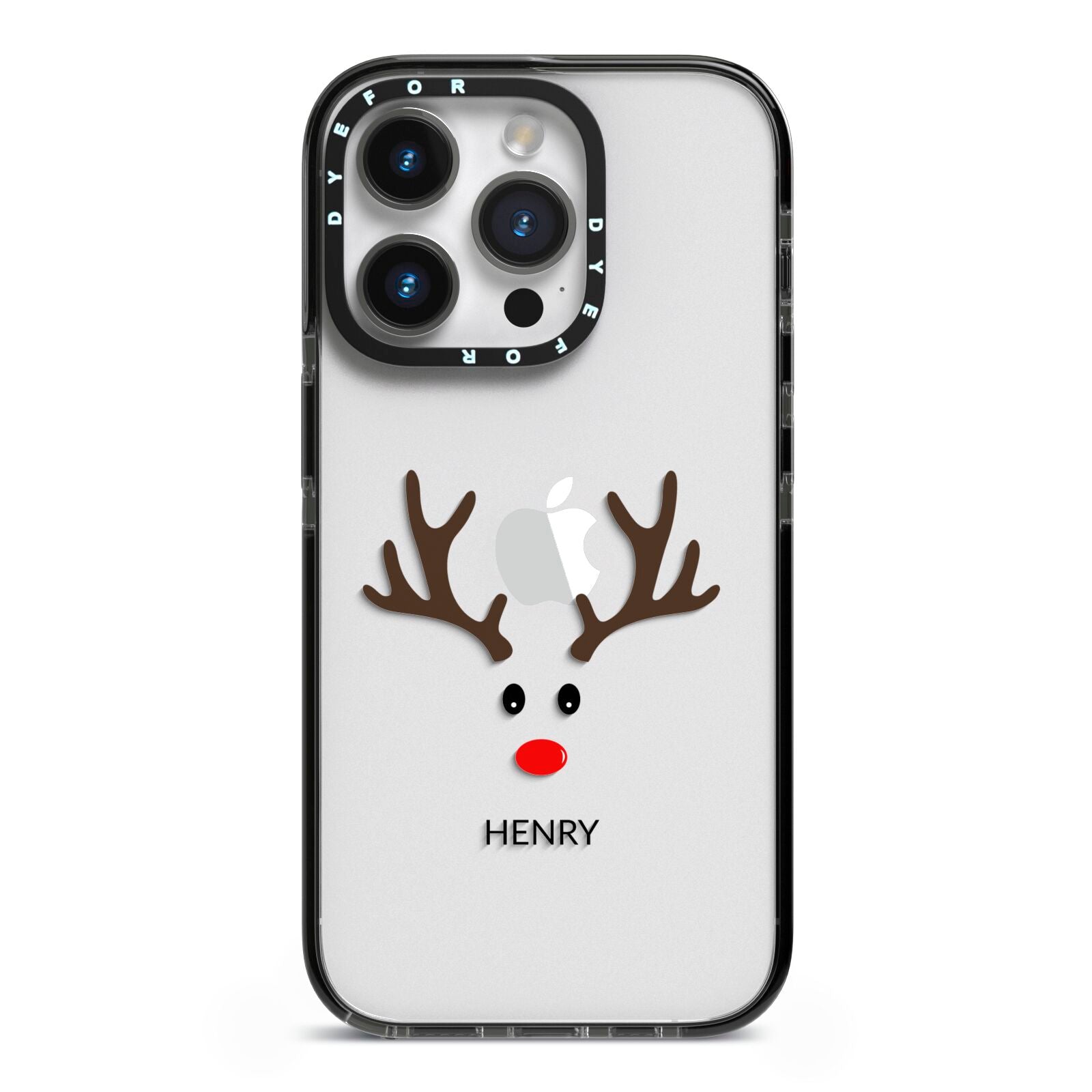 Personalised Reindeer Face iPhone 14 Pro Black Impact Case on Silver phone