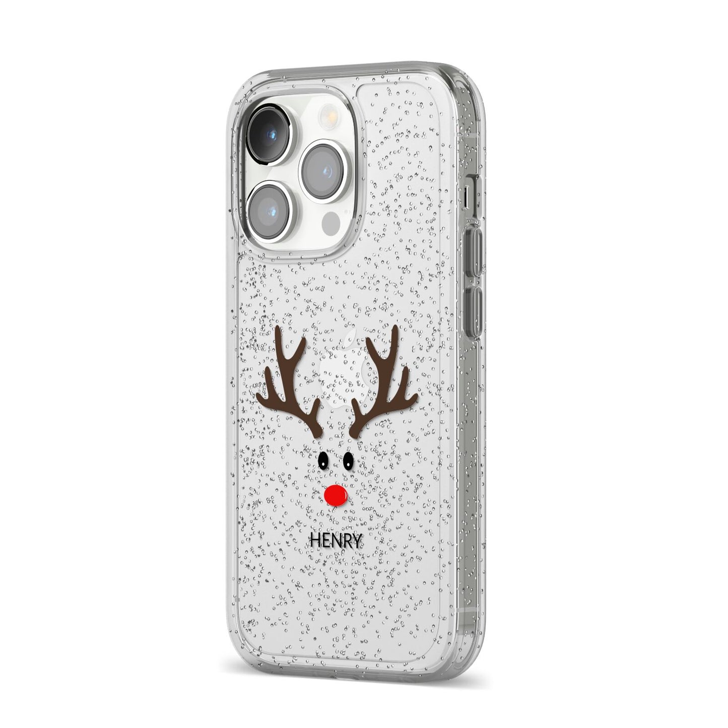 Personalised Reindeer Face iPhone 14 Pro Glitter Tough Case Silver Angled Image