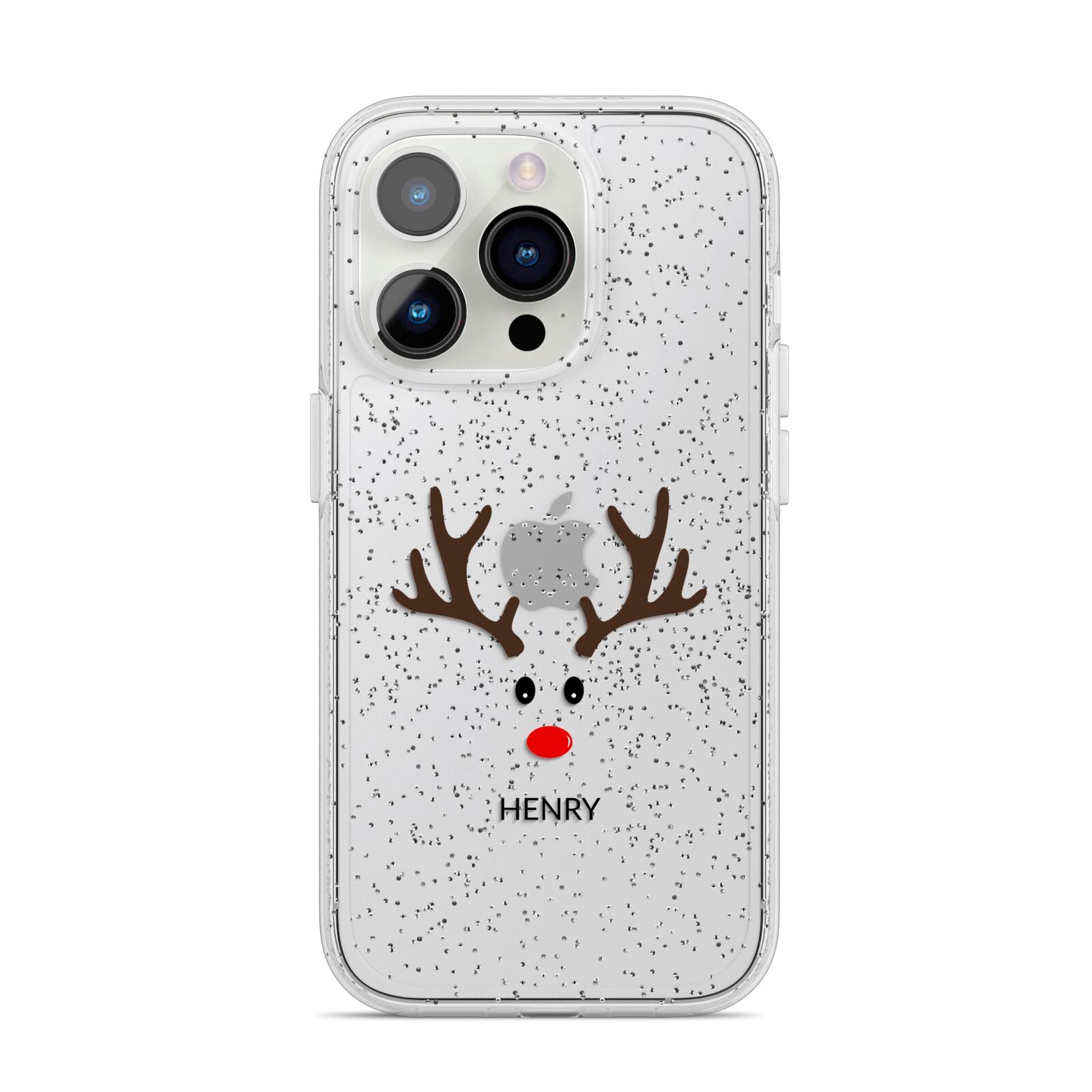 Personalised Reindeer Face iPhone 14 Pro Glitter Tough Case Silver