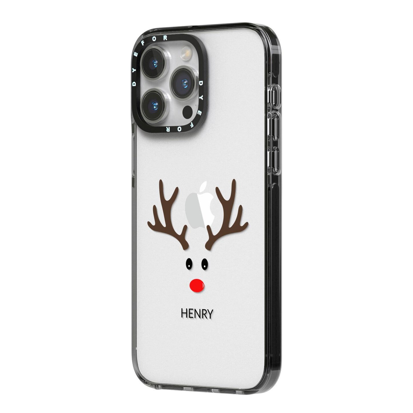 Personalised Reindeer Face iPhone 14 Pro Max Black Impact Case Side Angle on Silver phone