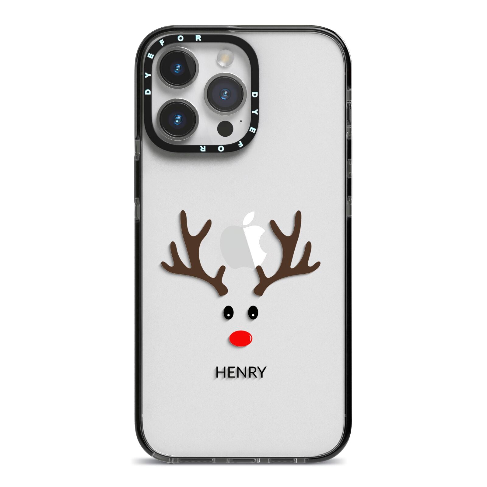 Personalised Reindeer Face iPhone 14 Pro Max Black Impact Case on Silver phone