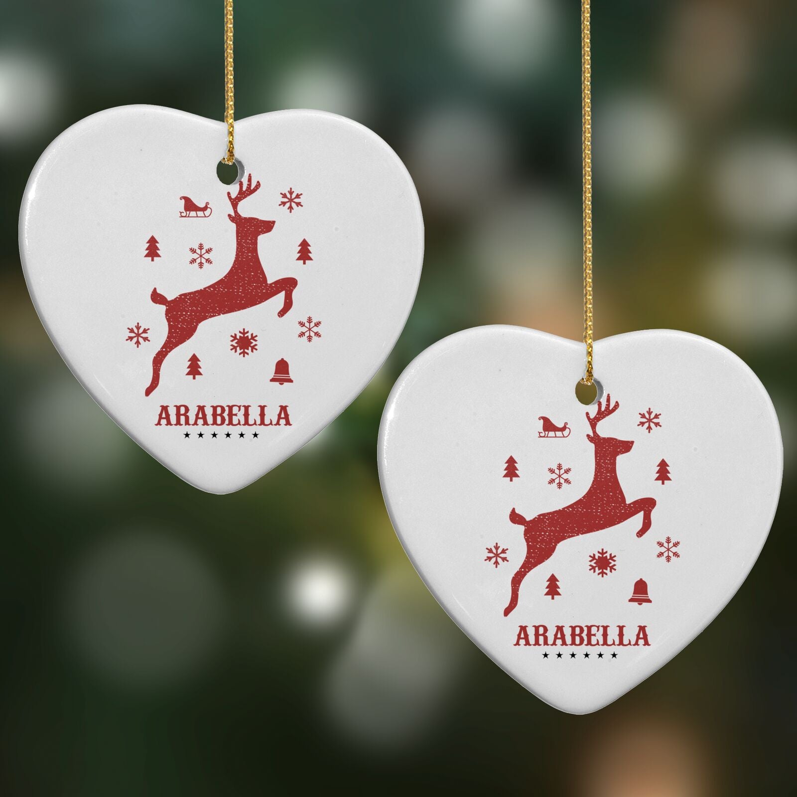 Personalised Reindeer Heart Decoration on Christmas Background