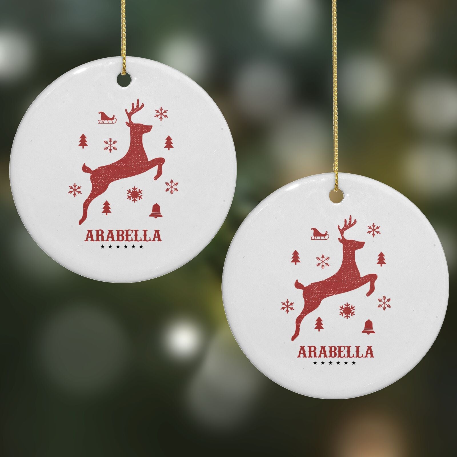 Personalised Reindeer Round Decoration on Christmas Background