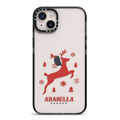 Personalised Reindeer iPhone 14 Plus Black Impact Case on Silver phone