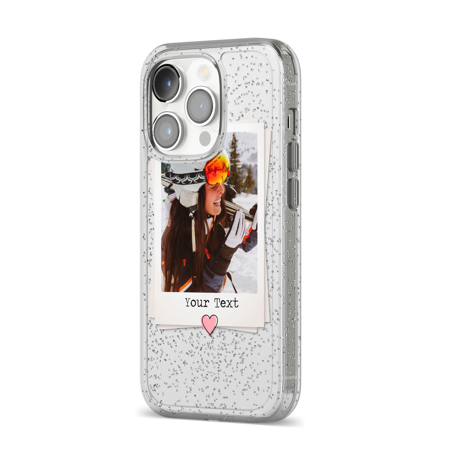 Personalised Retro Photo iPhone 14 Pro Glitter Tough Case Silver Angled Image