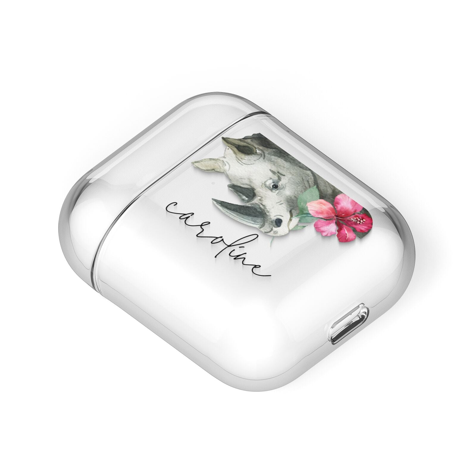 Personalised Rhinoceros AirPods Case Laid Flat
