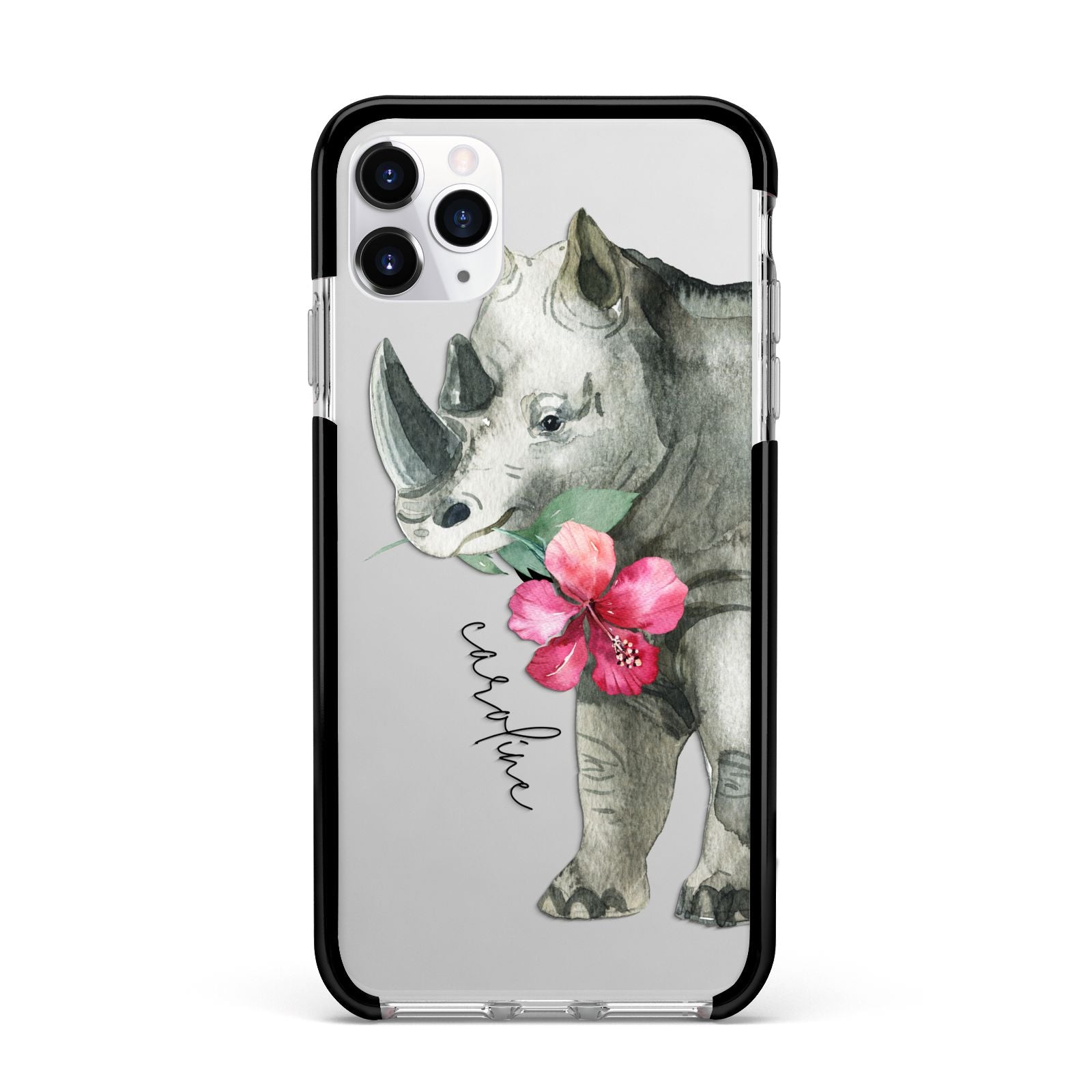 Personalised Rhinoceros Apple iPhone 11 Pro Max in Silver with Black Impact Case