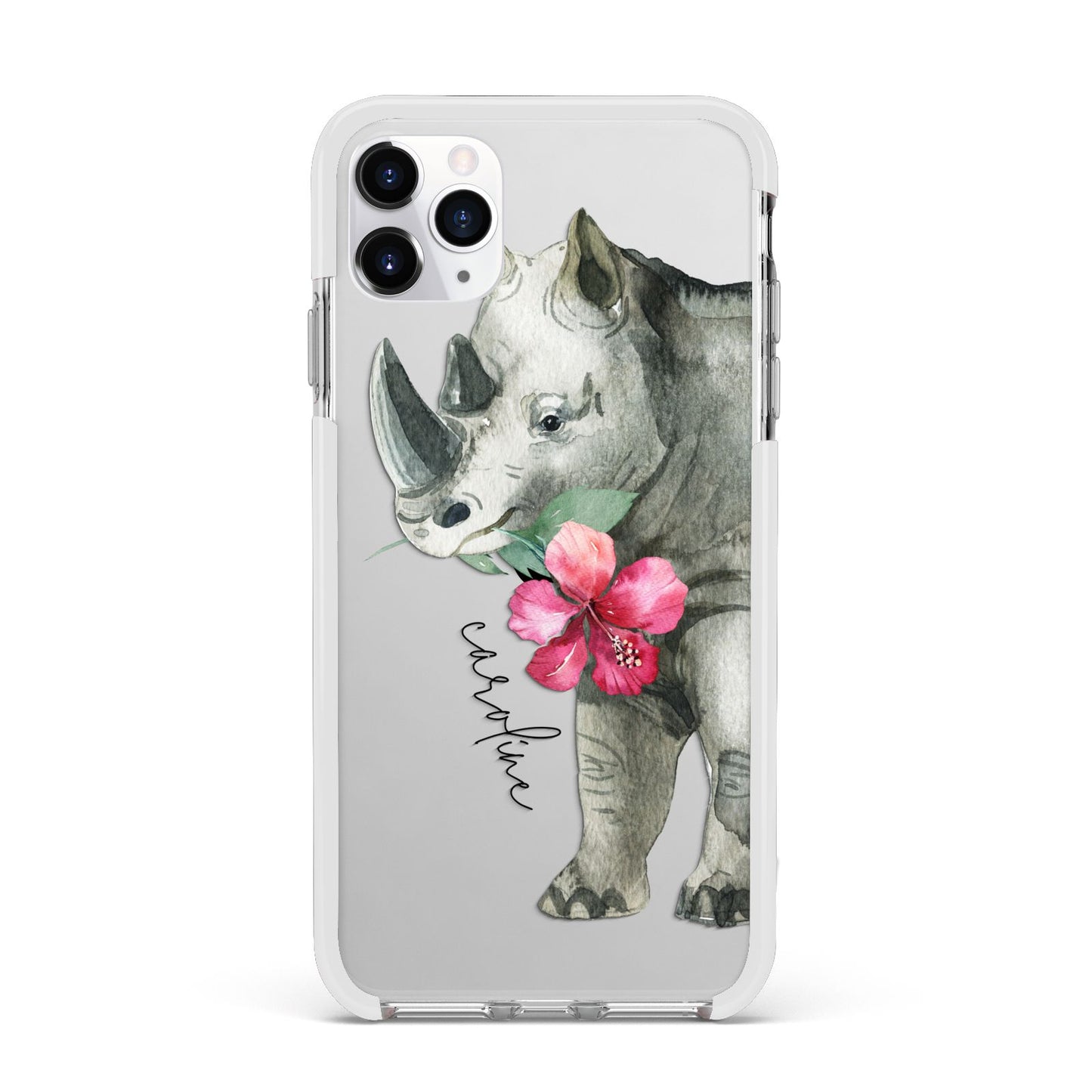 Personalised Rhinoceros Apple iPhone 11 Pro Max in Silver with White Impact Case