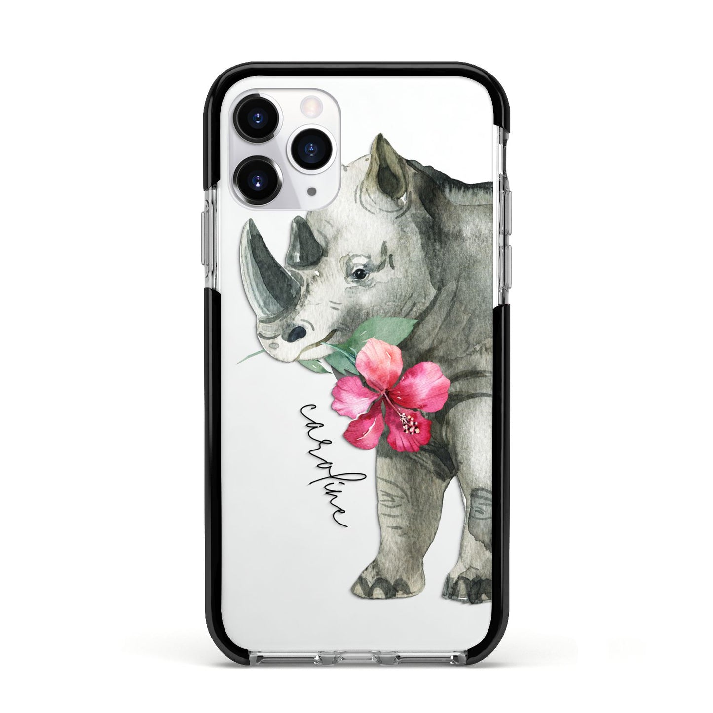 Personalised Rhinoceros Apple iPhone 11 Pro in Silver with Black Impact Case